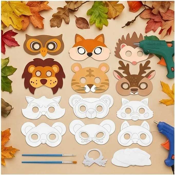 12 Herbst-Tiermasken Mit Whiteboard & Zubehör - Komplettset Für DIY-Projekte Und Gestaltung-Partyzubehör-Set