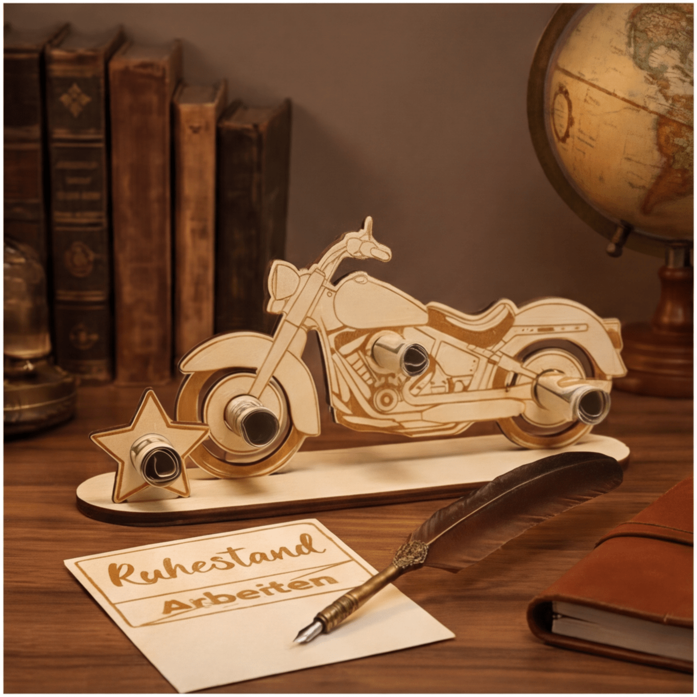 Wooden Motorcycle Ornament For Retirement, Decorative Wooden Figurine As A Retirement Gift For Men, Original Table Decoration For Bikers’ Retirement—Multi-Piece Party Gift Set