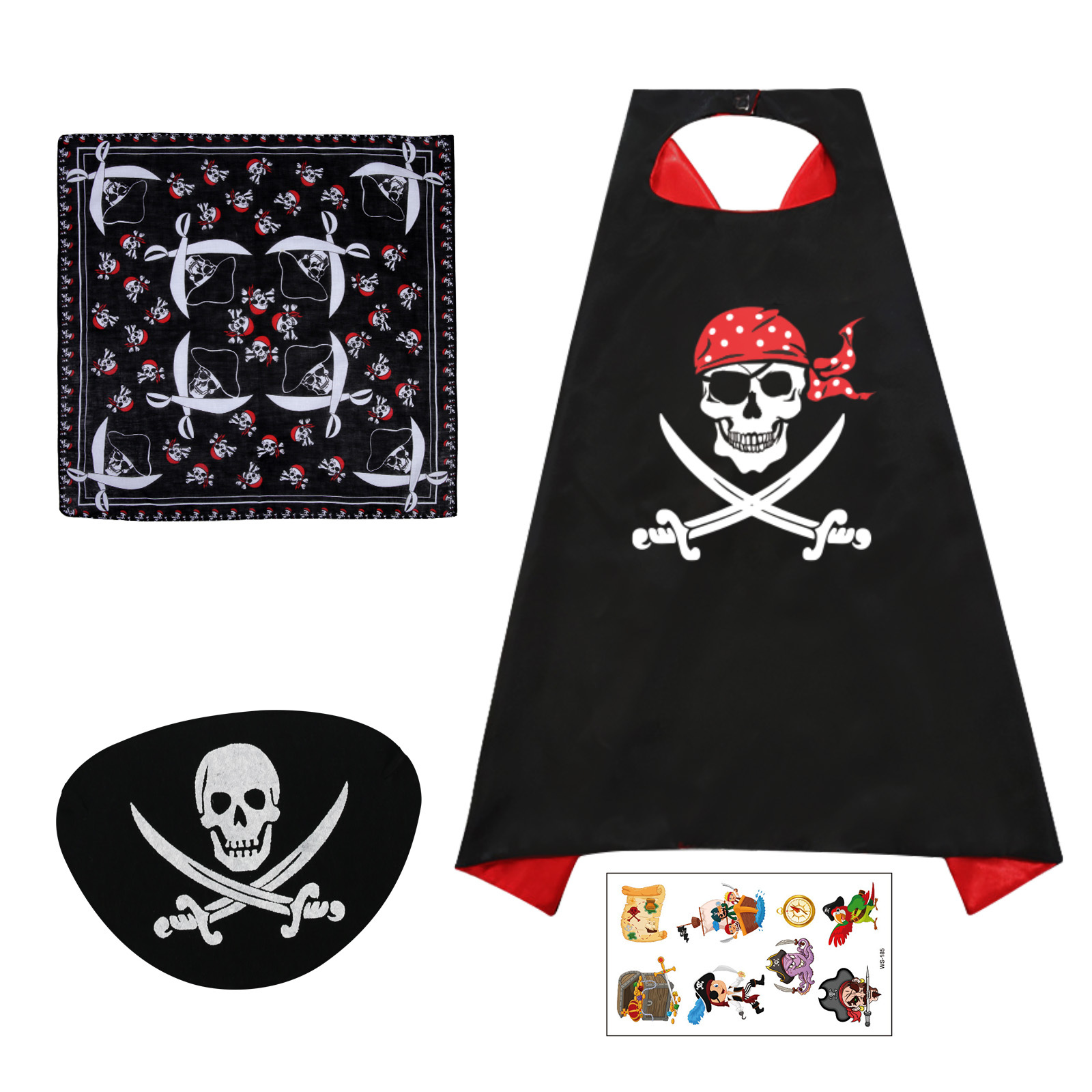 Pirate Costume Set With Eye Patch, Head Scarf, Cape & Tattoo – Carnival & Halloween Costume – Full-Evening Party Outfit & Party Accessories Set