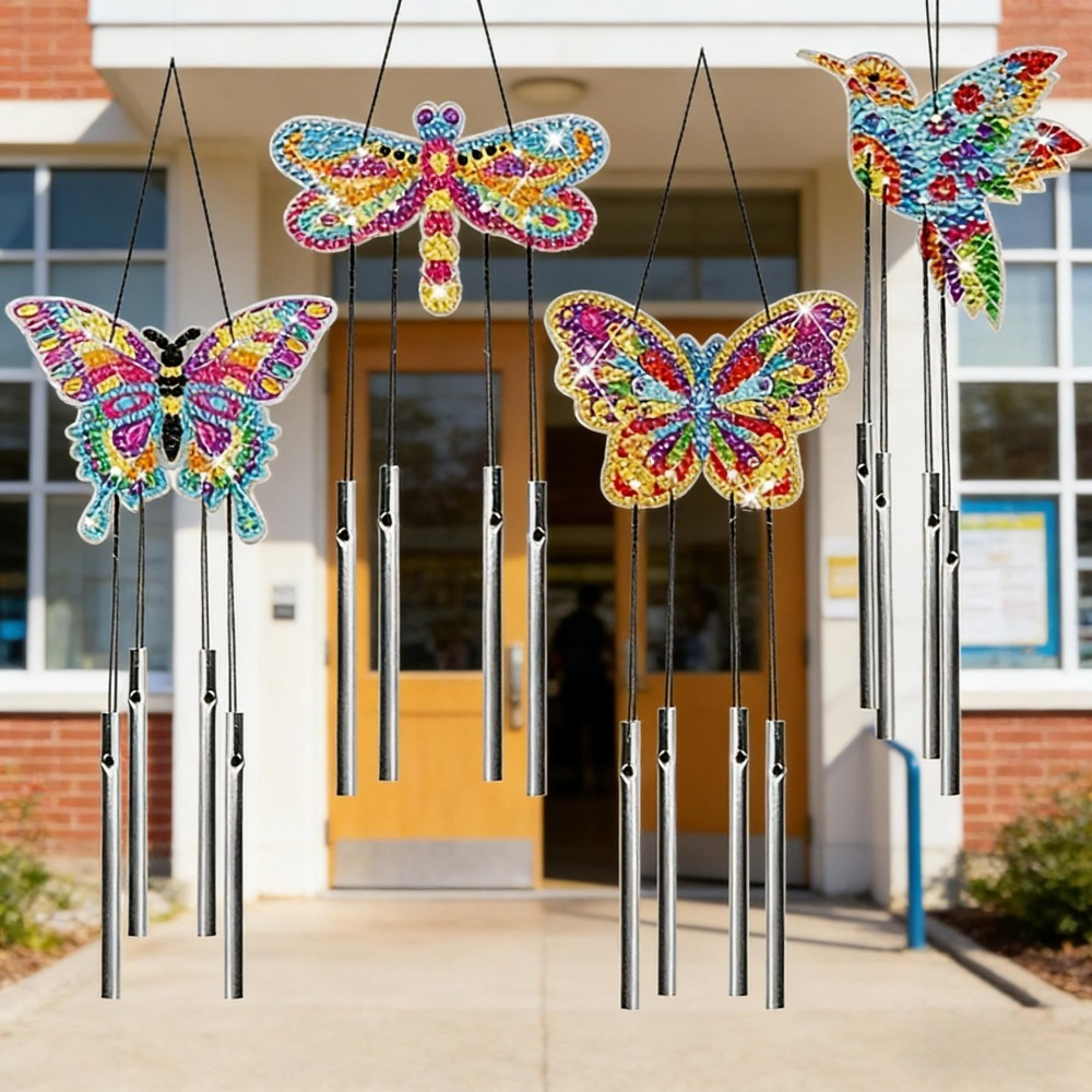 Butterfly Craft Kit, 4-Piece Diamond Painting Wind Chime Set With Colorful Stones & Bells, Creative Craft Supplies For School Projects & Art Class, Cr