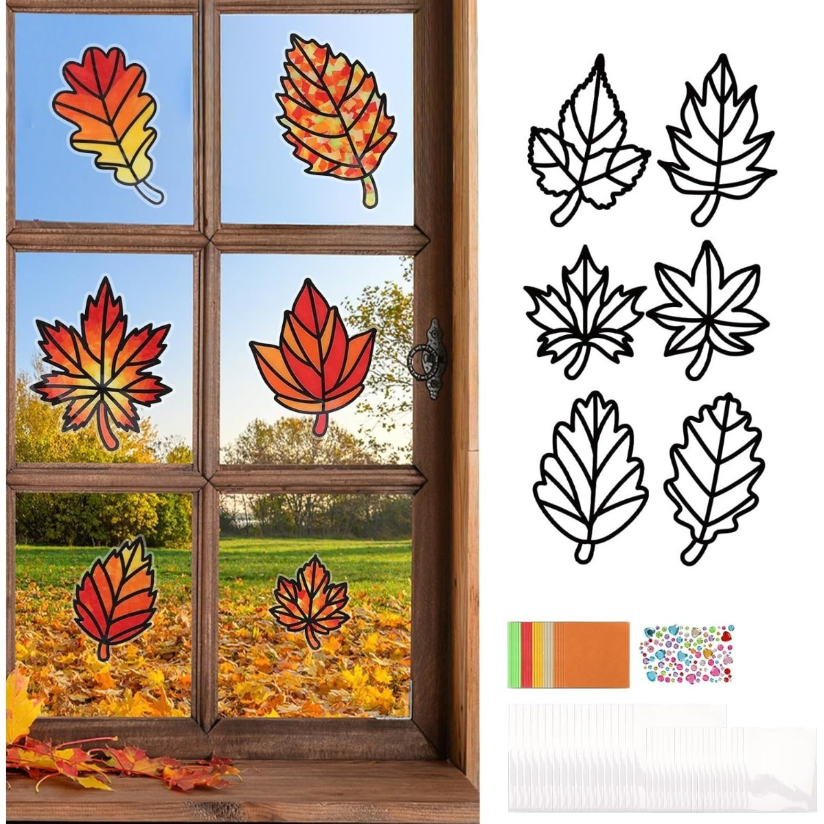 94-Piece Fall Craft Set With Maple Leaves, Glitter Foil, Colored Paper, And Self-Adhesive Rhinestones For DIY Fall Decor—Party Supplies Set