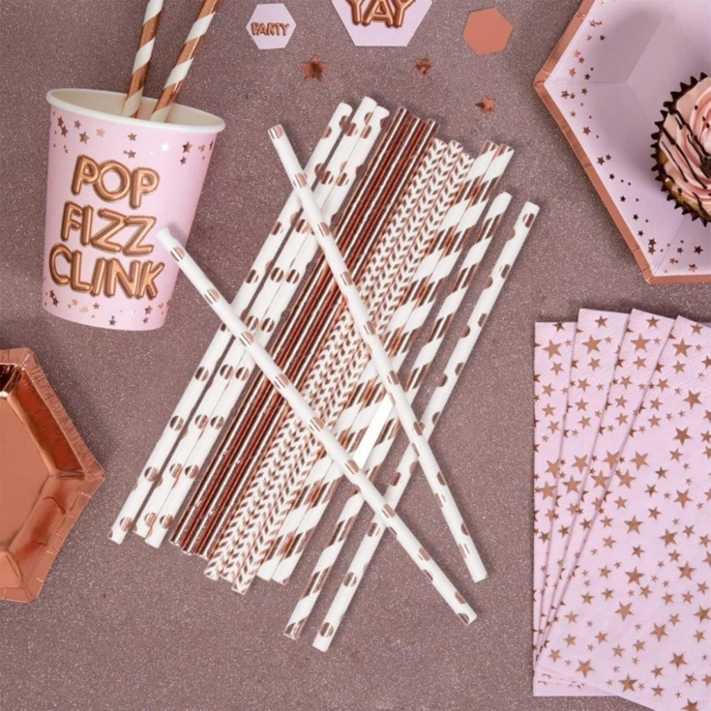 120 Rose Gold Paper Straws In 4 Designs – Elegant Decorative Straws For Parties – Party Supplies Set 3