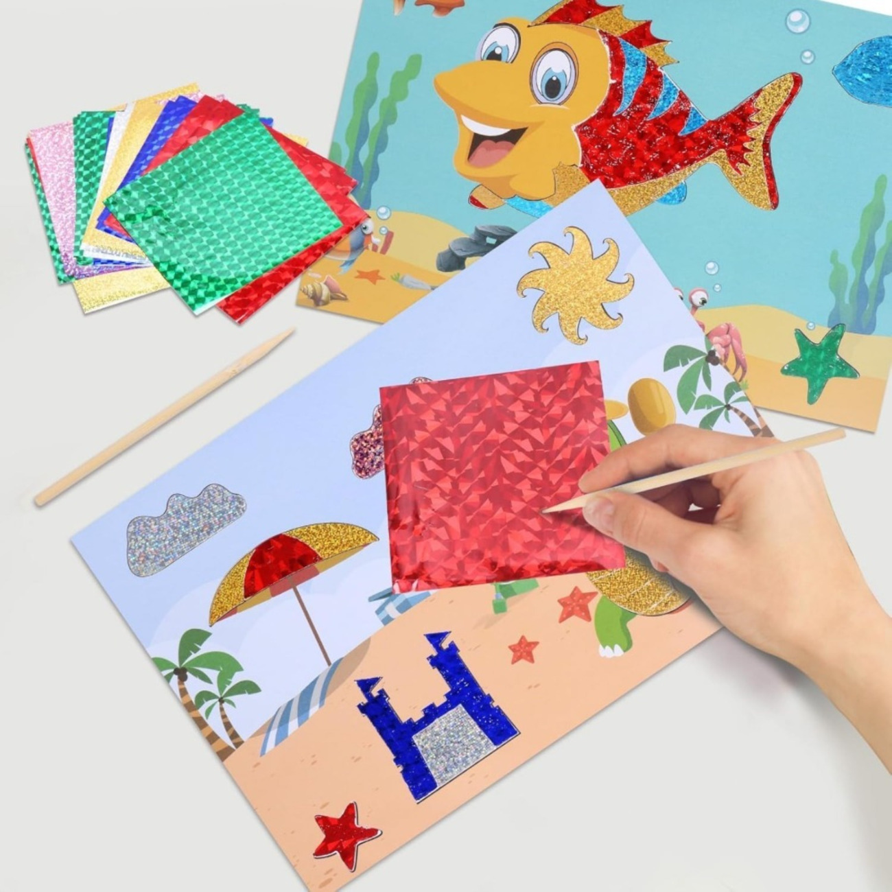 35-Piece Set Of Ocean-Themed Aluminum Foil Pictures, 6 Motif Cards & Multicolored Foil Sheets, DIY Craft Set – Party Supplies Set 4