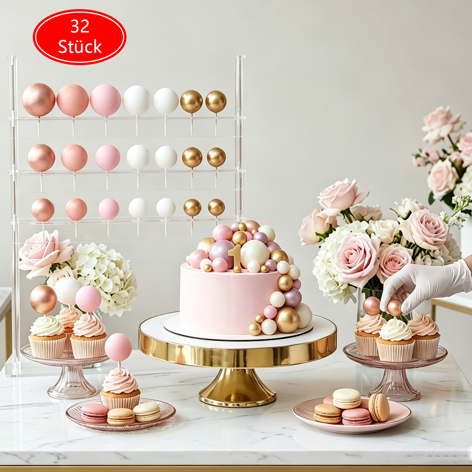 32-Piece Decorative Beads Set—Colorful Beads In Pink, Gold, And White—Table Decor For Celebrations And Events—Party Supplies