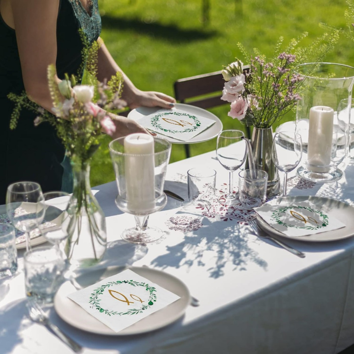 40 Napkins With Leaf And Fish Patterns In Green, Ideal For Garden Parties And Celebrations—party Supplies Set 4