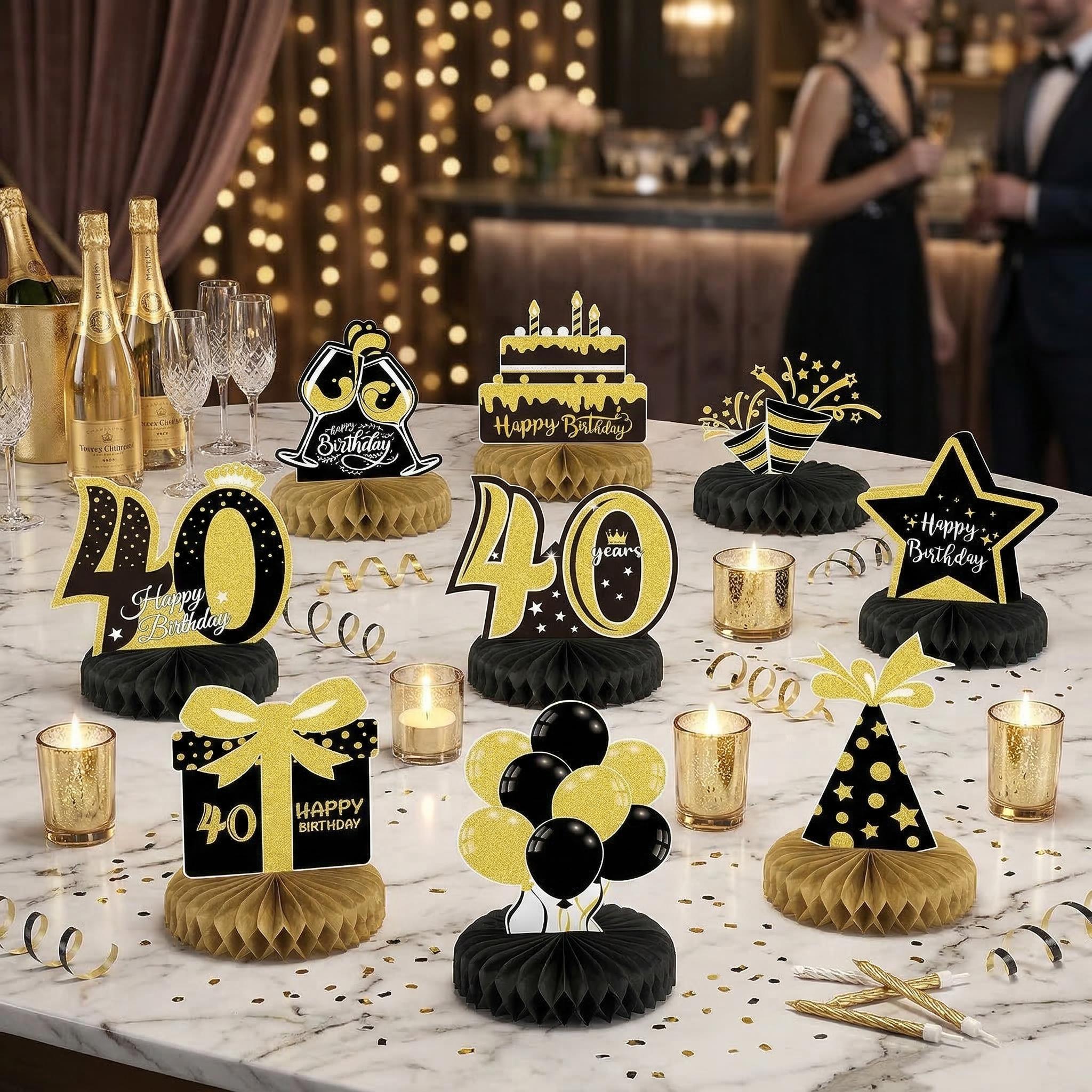 Honeycomb Decoration Set For 40th Birthday (9-Piece), Black And Gold Table Decorations For Men And Women, Honeycomb Balls For Anniversary And Birthday