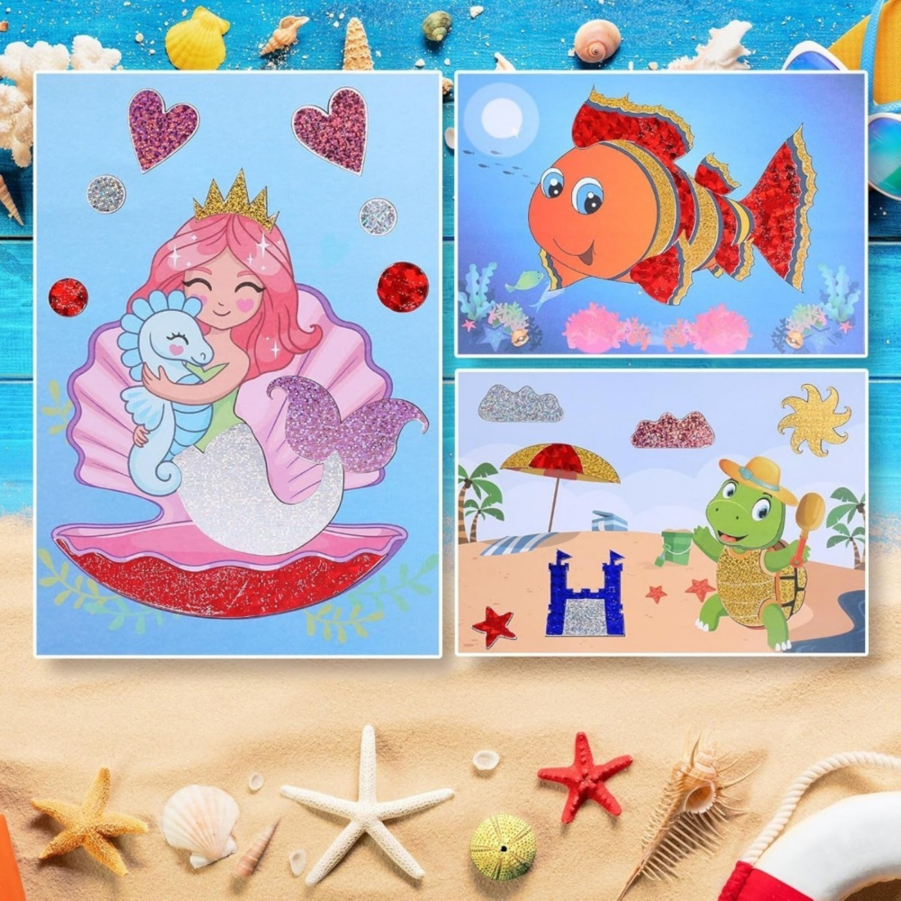 35-Piece Set Of Ocean-Themed Aluminum Foil Pictures, 6 Motif Cards & Multicolored Foil Sheets, DIY Craft Set – Party Supplies Set 2