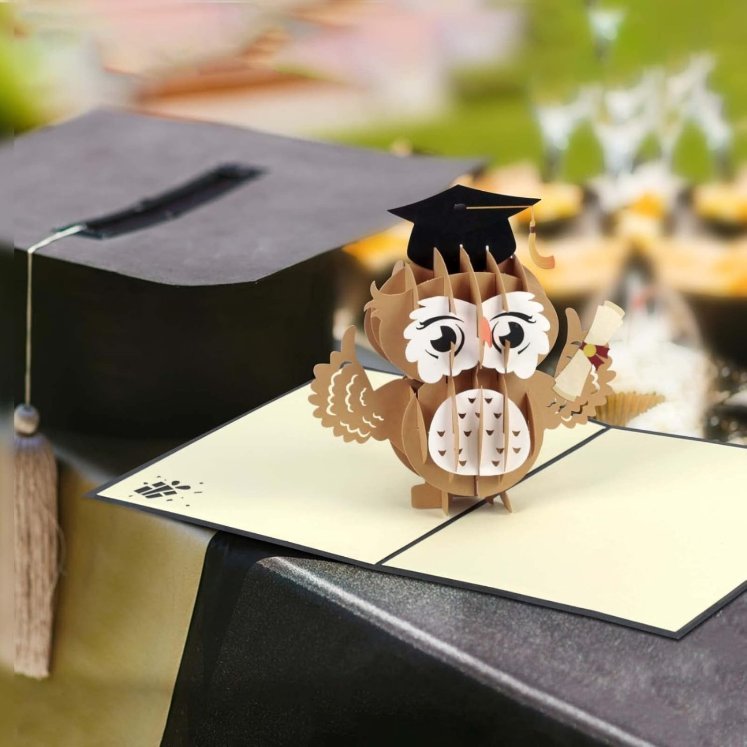 3D Pop-Up Greeting Card With Owl Design—Special Black Card For Graduation Celebrations And Congratulations—Party Supplies Set 3