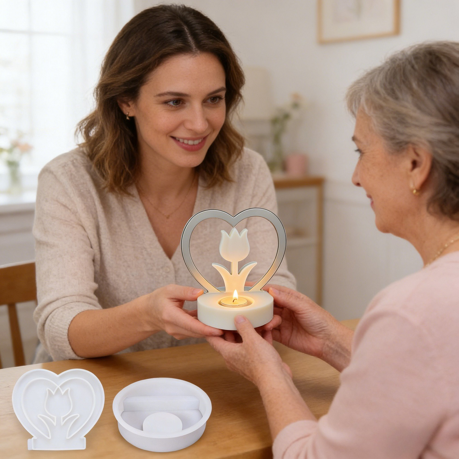 Heart-Shaped Candle Holder Mold, Set Of 2; Tulip Heart Candle Mold With Base; DIY Candle Mold For Mother's Day Gifts; Silicone Mold For Wax Party Deco
