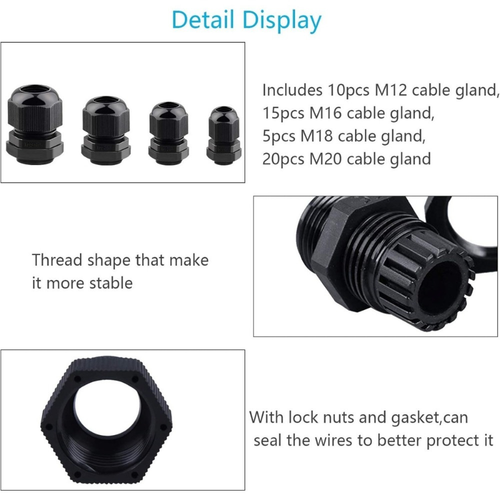 50-Piece Cable Gland Set, Black, Includes M12, M16, M18, And M20 Sizes For Cable Entry And Shielding — foto 3
