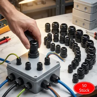 50-Piece Cable Gland Set, Black, Includes M12, M16, M18, And M20 Sizes For Cable Entry And Shielding