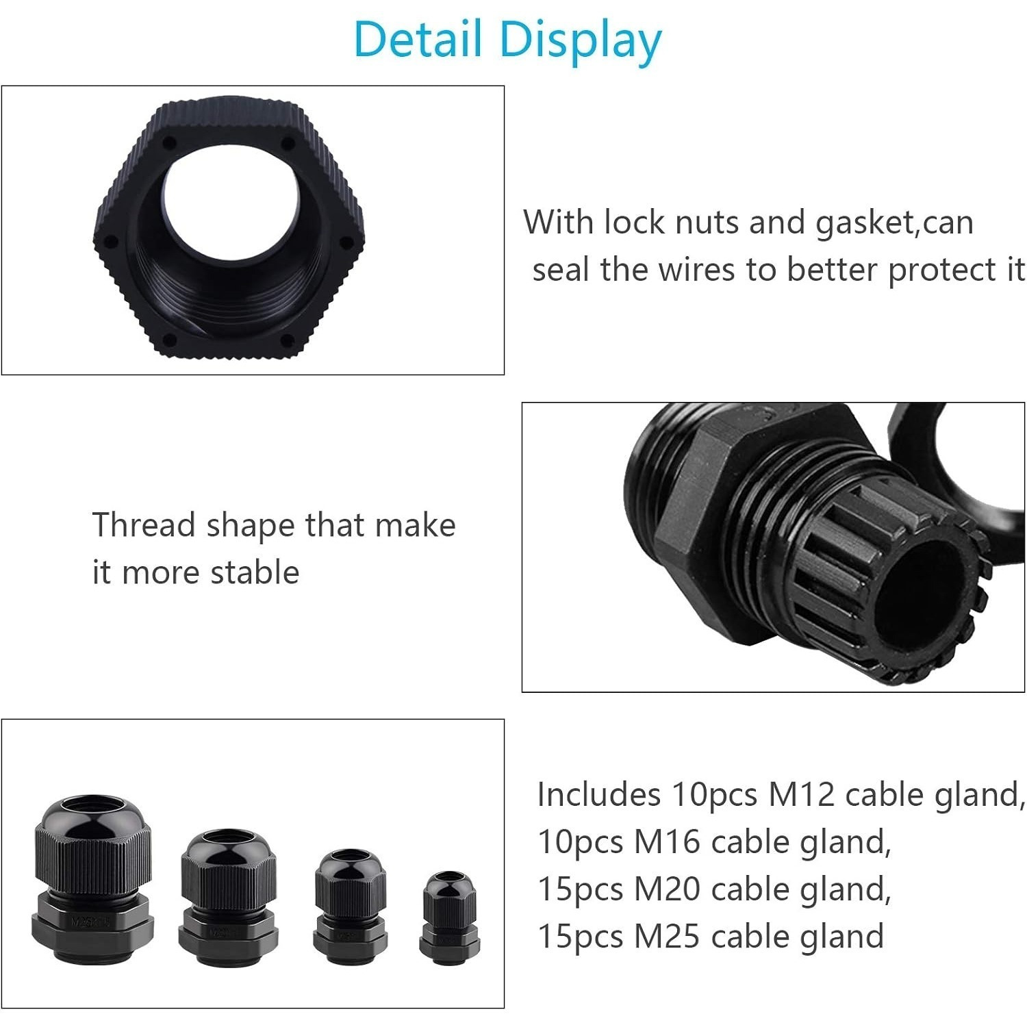 Cable Gland Set—50 Pieces, M12, M16, M20, M25 Glands For Cable Pass-Throughs—Accessory Set
