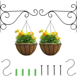 2-Piece Hanging Basket Mounts: Metal Plant Hangers, Black Hanging Basket Mounts, Hanging Plant Holders, Hanging Basket Holders With S-Hooks And Screws For Bird Feeders And Flower P