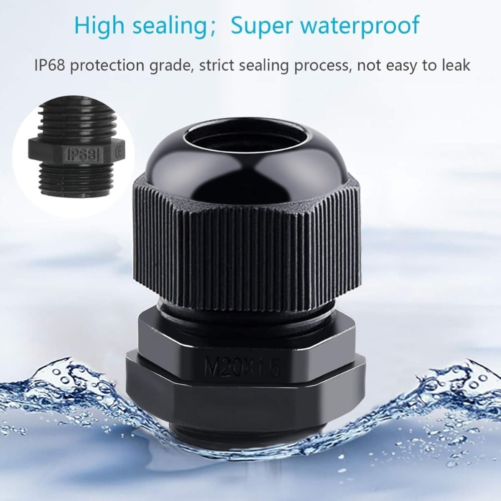 50-Piece Cable Gland Set, Black, Includes M12, M16, M18, And M20 Sizes For Cable Entry And Shielding