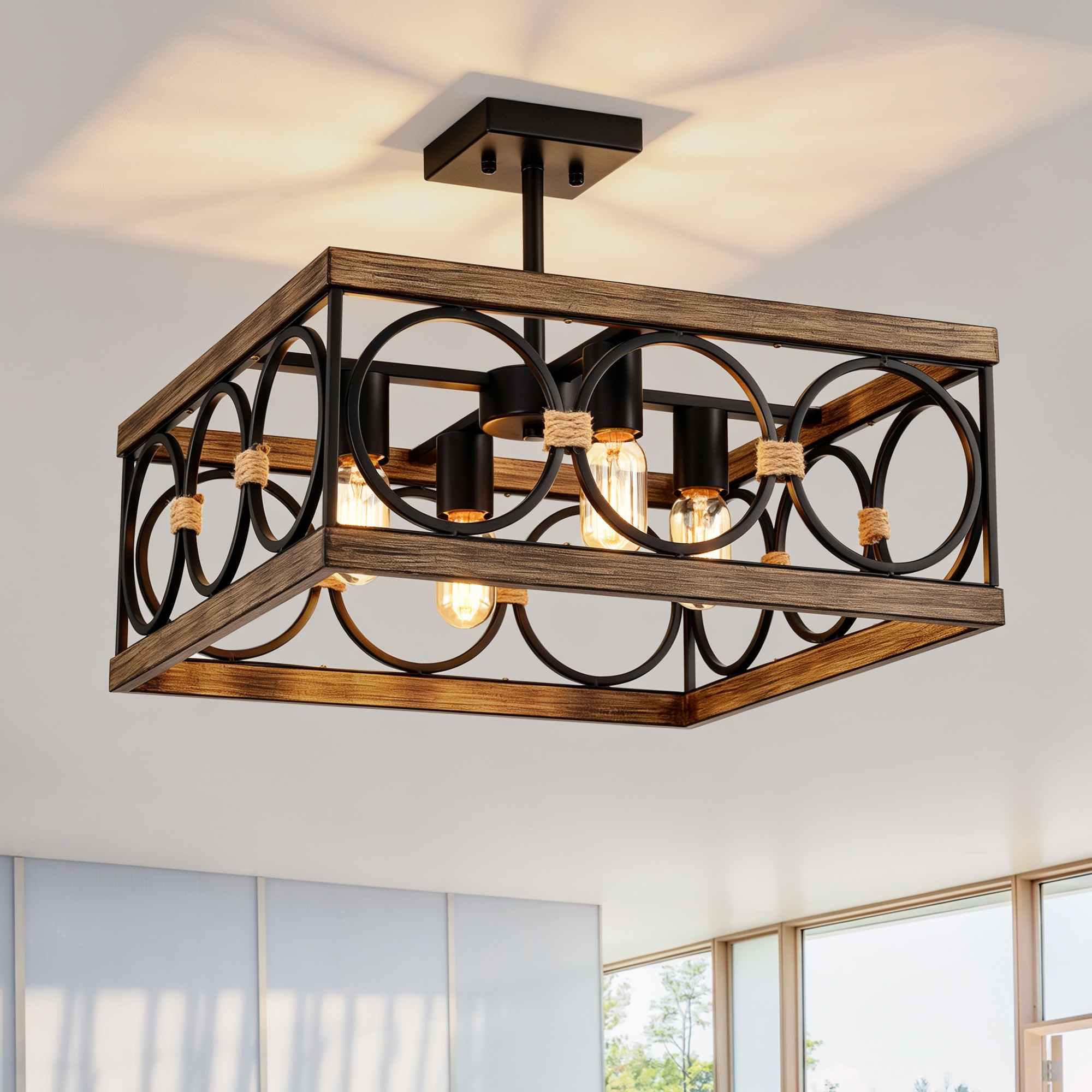4-Light Square Kitchen Island Lights Ceiling Light Farmhouse Dining Room Light Fixture, Wood And Black Metal Rectangular Ceiling Light, Ceiling Lighting For Living Room,Conference Room, Home Office — foto 2