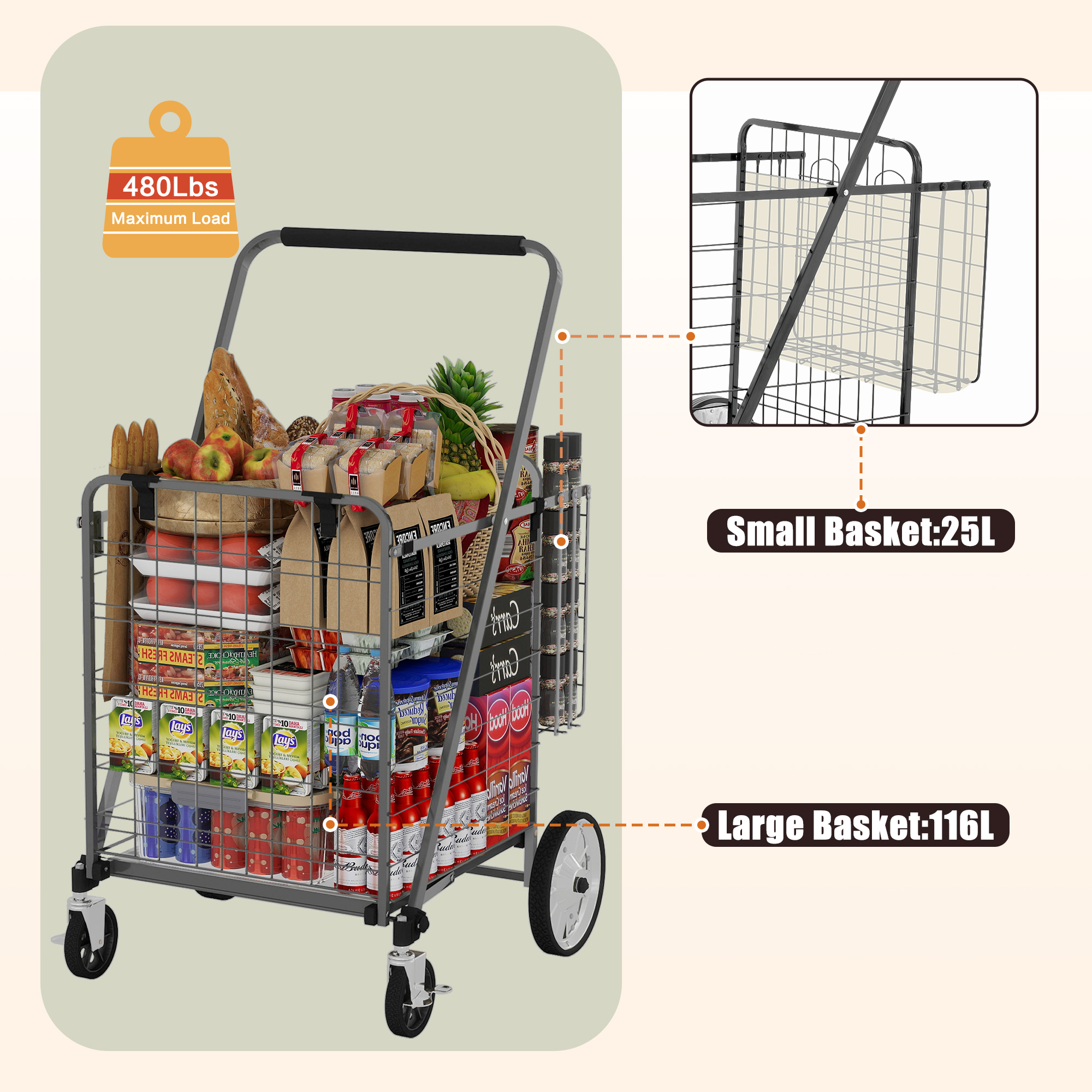 Bigger Super Jumbo Shopping Cart With Brake,Grocery Cart On Wheels, Foldable Utility Shopping Carts With Double Basket And 360 Rolling Swivel Wheels For Groceries Laundry,Grey thumbnail 2