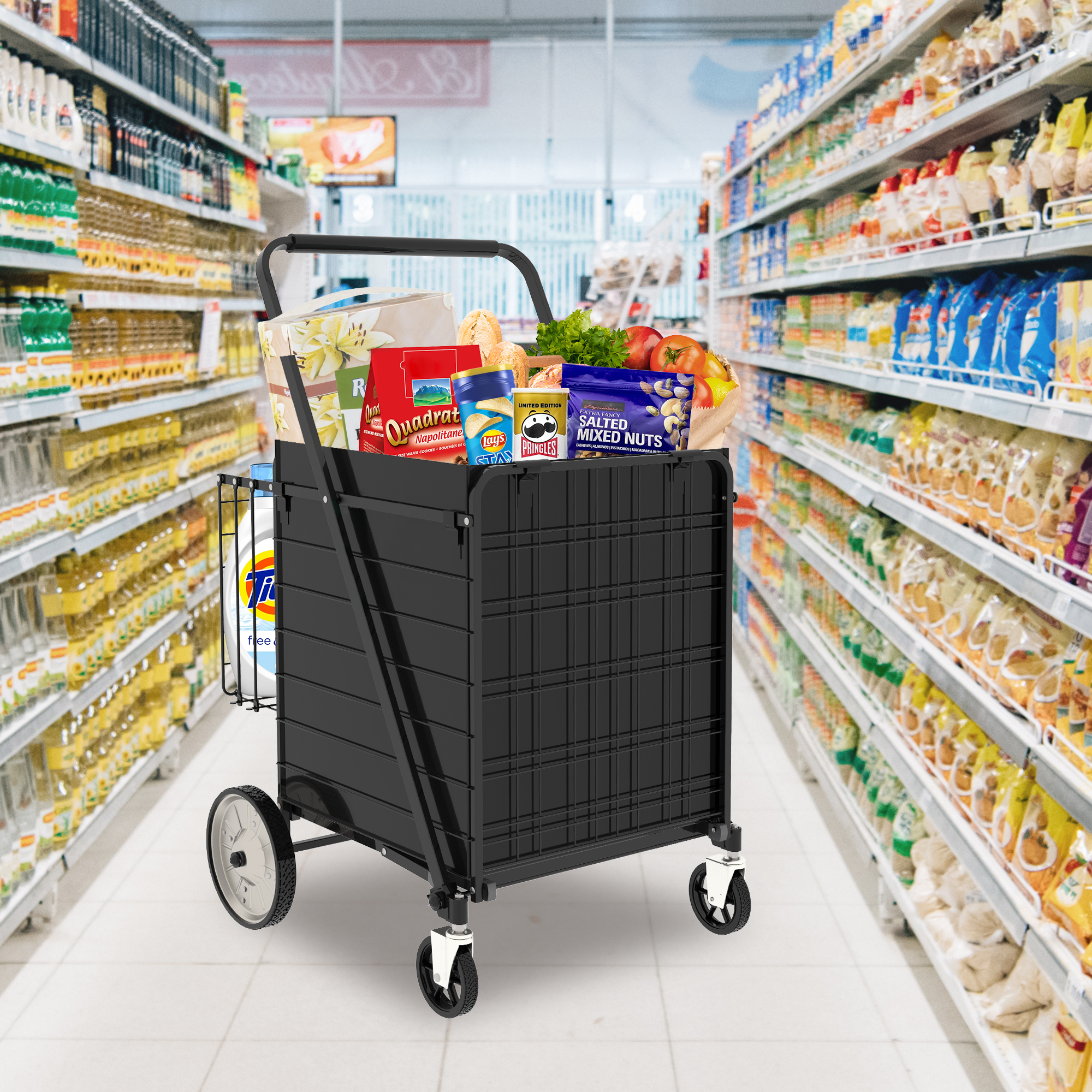 Bigger Super Jumbo Shopping Cart,Grocery Cart On Wheels, Foldable Utility Shopping Carts With Double Basket And 360  Rolling Swivel Wheels For Groceries Laundry thumbnail 5