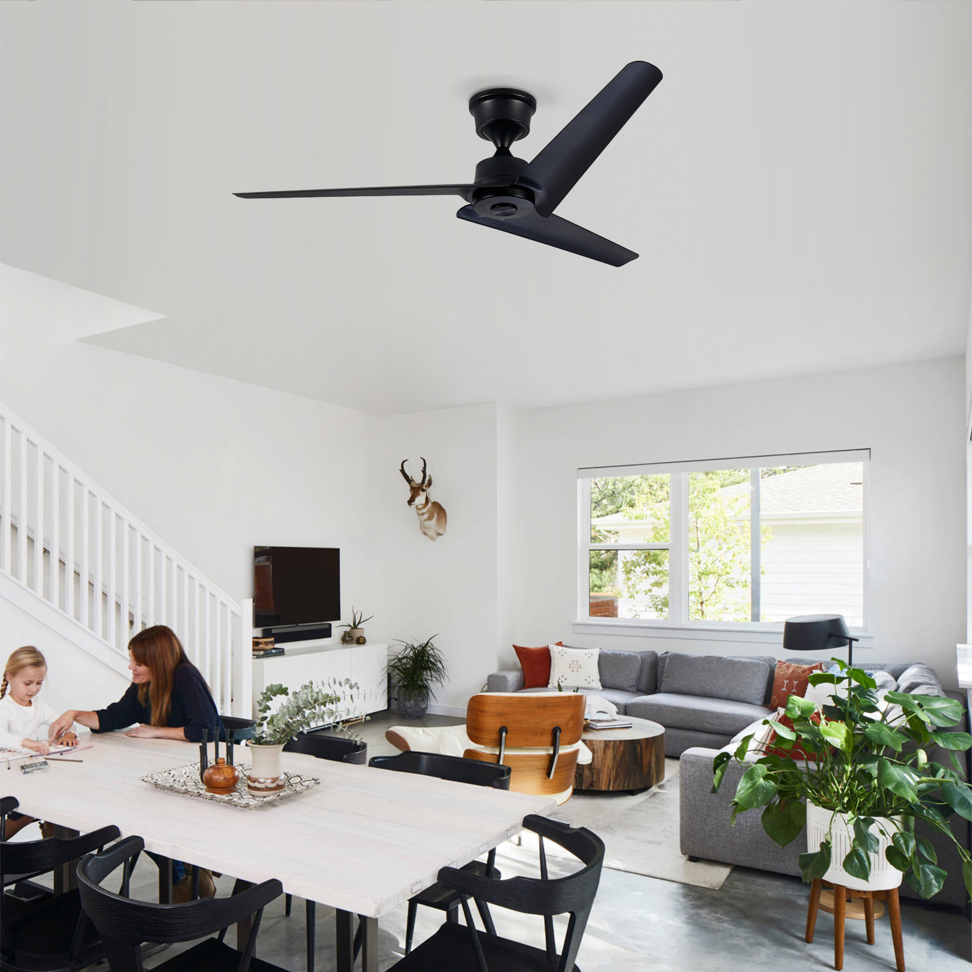 52in Flush Mount & Rod ABS 3 Blades Ceiling Fan With Remote Control No Lights, Modern Reversible DC Motor Indoor 3 Blades Ceiling Fans For Patio Bedroom Living Room-- Black — foto 5