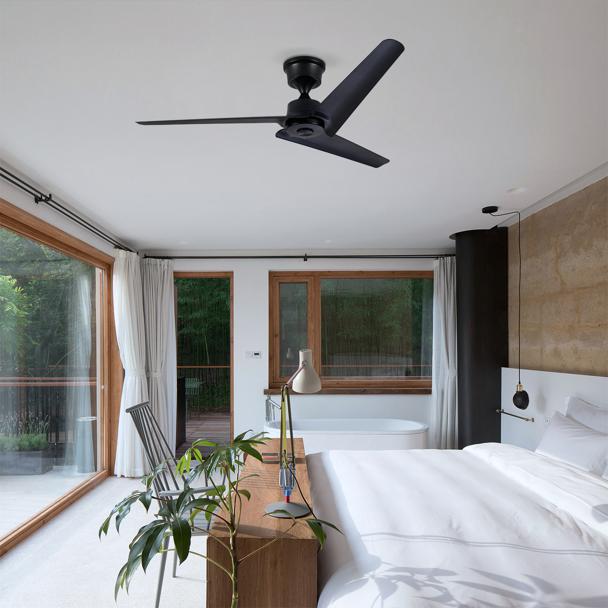 52in Flush Mount & Rod ABS 3 Blades Ceiling Fan With Remote Control No Lights, Modern Reversible DC Motor Indoor 3 Blades Ceiling Fans For Patio Bedroom Living Room-- Black — foto 4