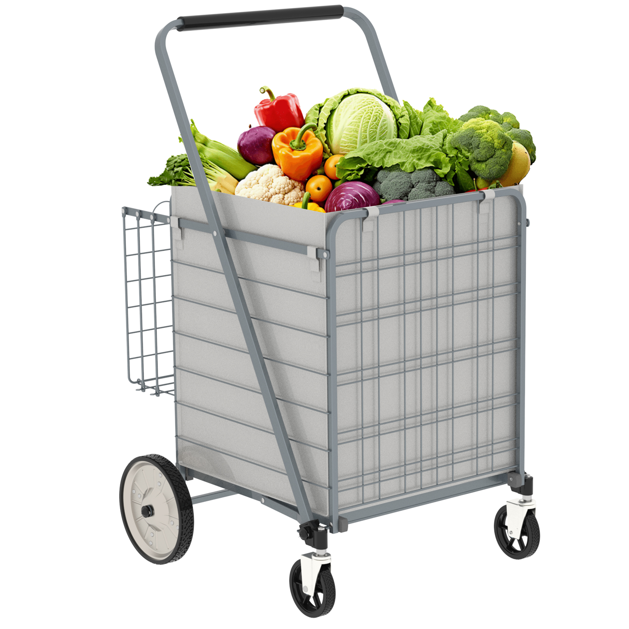 Bigger Super Jumbo Shopping Cart,Grocery Cart On Wheels, Foldable Utility Shopping Carts With Double Basket And 360 Rolling Swivel Wheels For Groceries Laundry,Grey