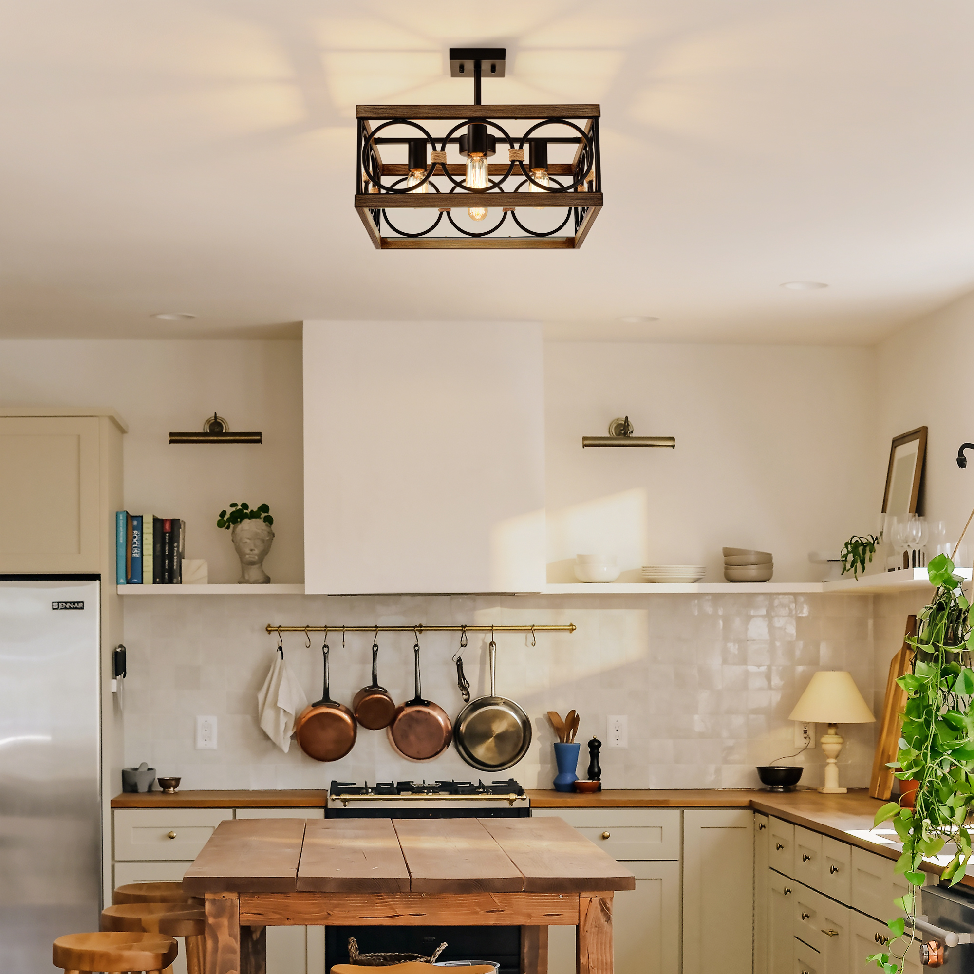 4-Light Square Kitchen Island Lights Ceiling Light Farmhouse Dining Room Light Fixture, Wood And Black Metal Rectangular Ceiling Light, Ceiling Lighting For Living Room,Conference Room, Home Office — foto 3