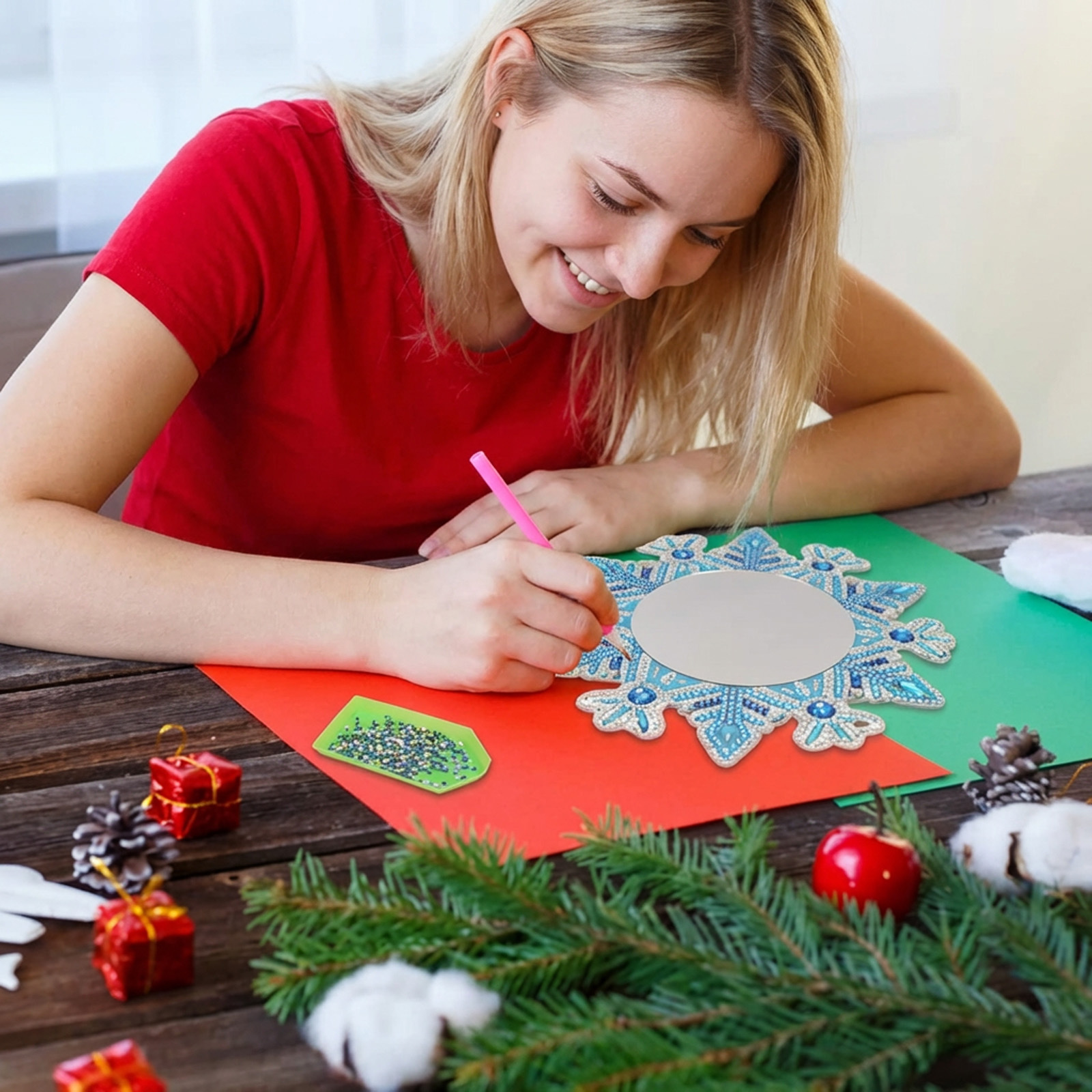 Diamond Painting Mirror Craft Set—Decorative DIY Set With Snowflake Design & Decorative Elements—Party Accessory Set — foto 5