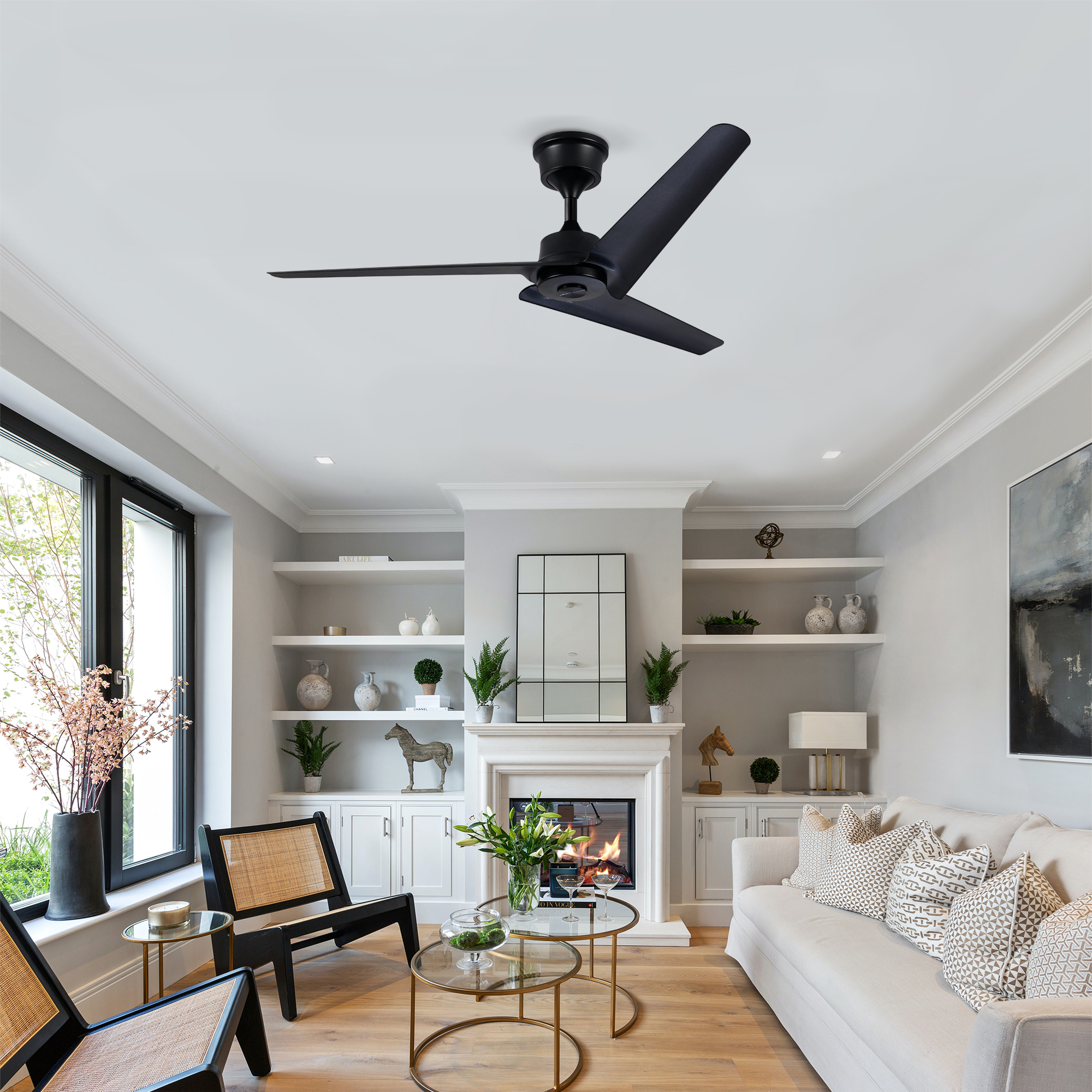 52in Flush Mount & Rod ABS 3 Blades Ceiling Fan With Remote Control No Lights, Modern Reversible DC Motor Indoor 3 Blades Ceiling Fans For Patio Bedroom Living Room-- Black — foto 3