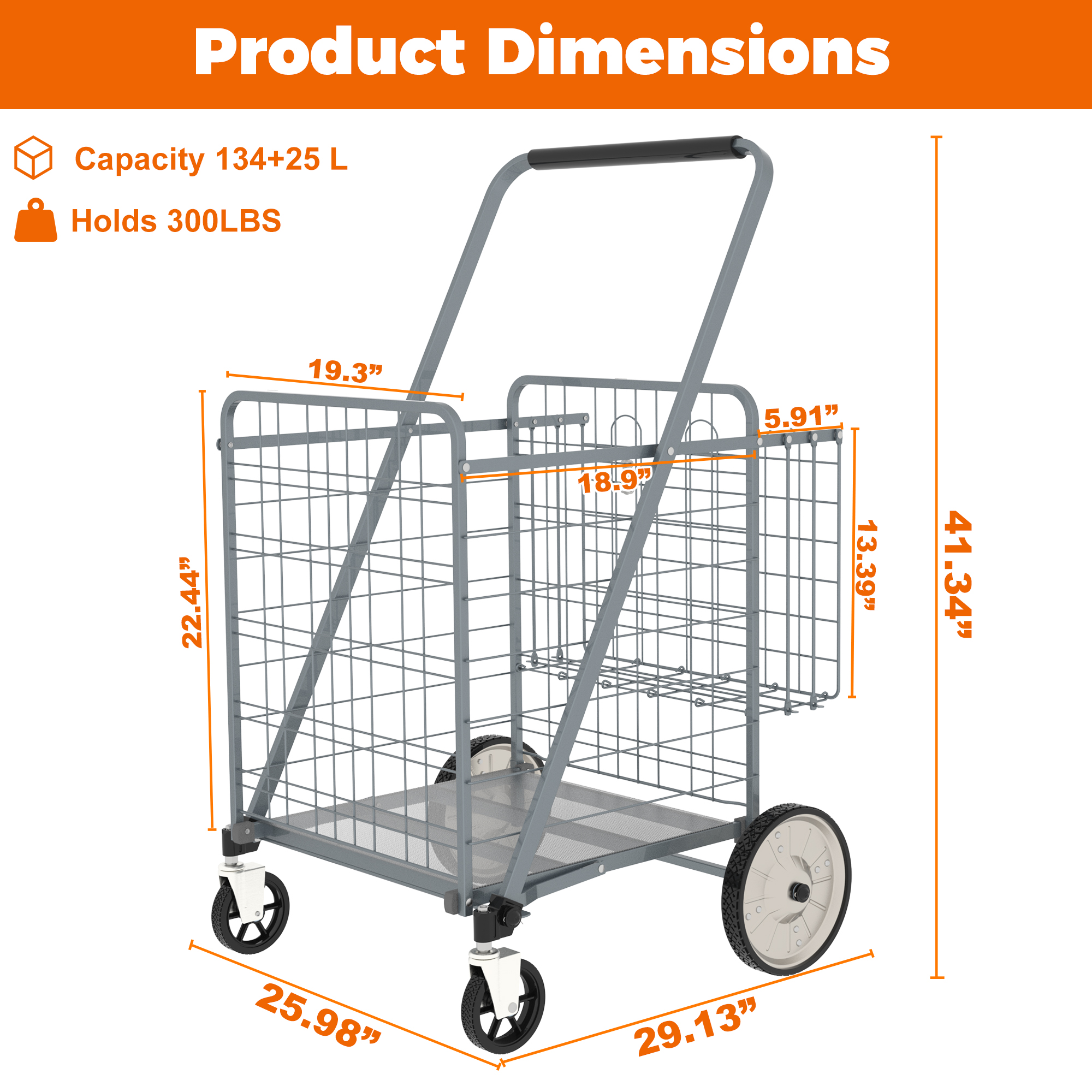Bigger Super Jumbo Shopping Cart,Grocery Cart On Wheels, Foldable Utility Shopping Carts With Double Basket And 360 Rolling Swivel Wheels For Groceries Laundry,Grey
