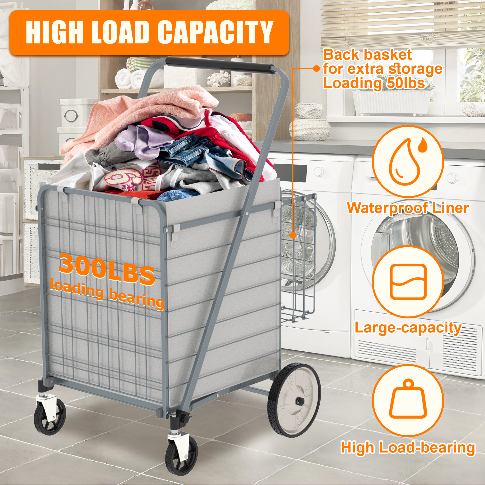 Bigger Super Jumbo Shopping Cart,Grocery Cart On Wheels, Foldable Utility Shopping Carts With Double Basket And 360  Rolling Swivel Wheels For Groceries Laundry,Grey thumbnail 4