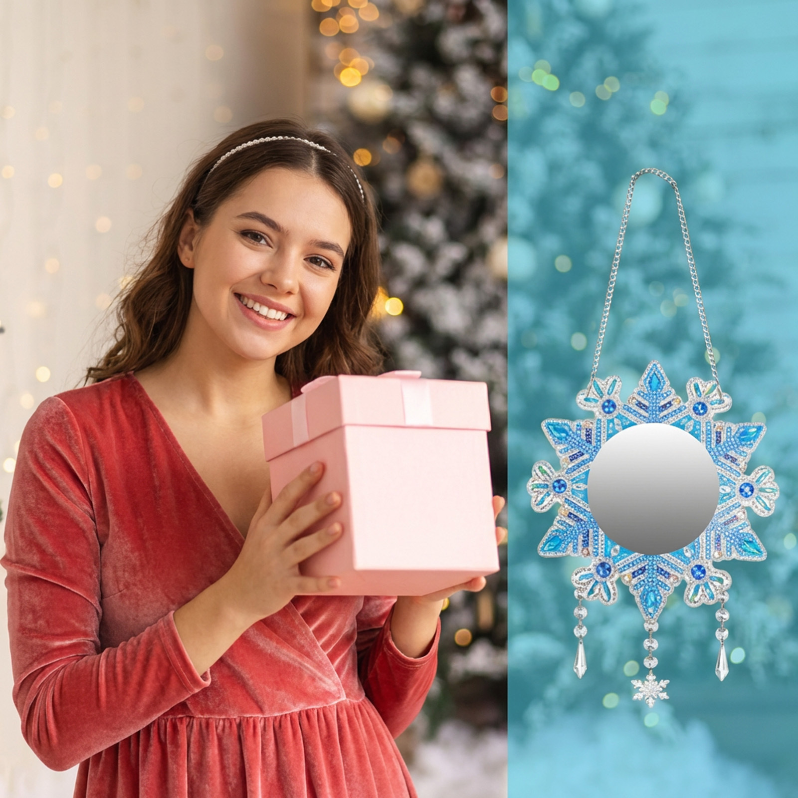Diamond Painting Mirror Craft Set—Decorative DIY Set With Snowflake Design & Decorative Elements—Party Accessory Set — foto 4