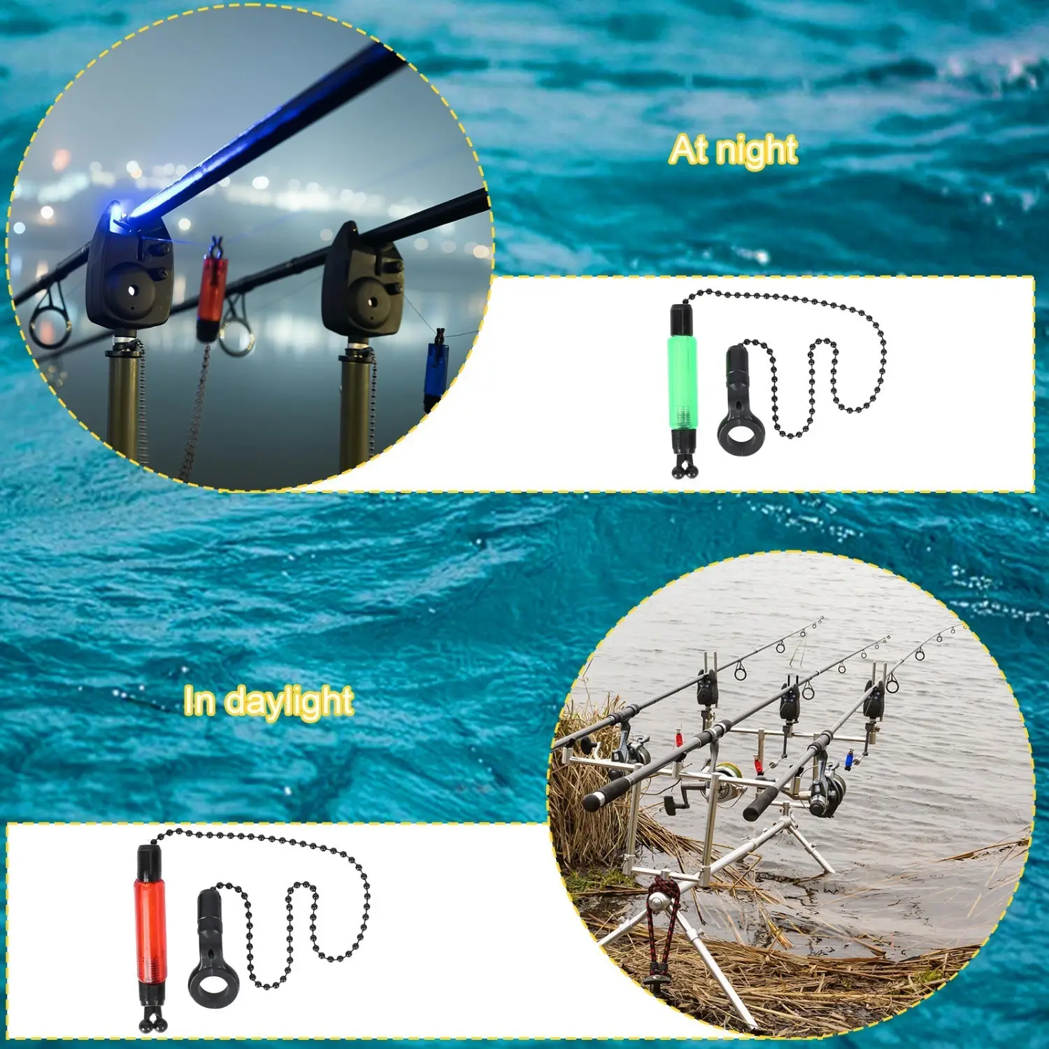 Night Fishing Set With 4 Swinger Floats In Blue, Red, Green, And Yellow, And 20 Floats For Anglers