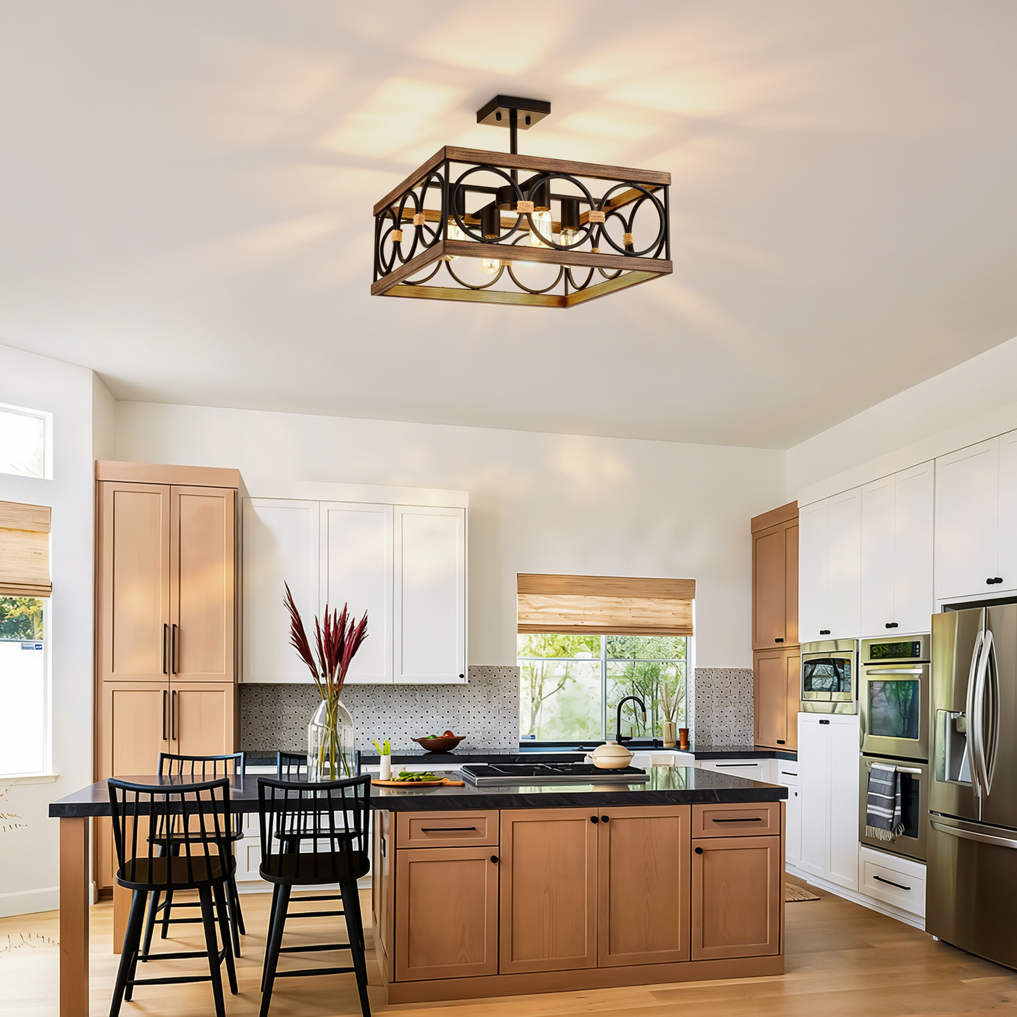 4-Light Square Kitchen Island Lights Ceiling Light Farmhouse Dining Room Light Fixture, Wood And Black Metal Rectangular Ceiling Light, Ceiling Lighting For Living Room,Conference Room, Home Office — foto 5