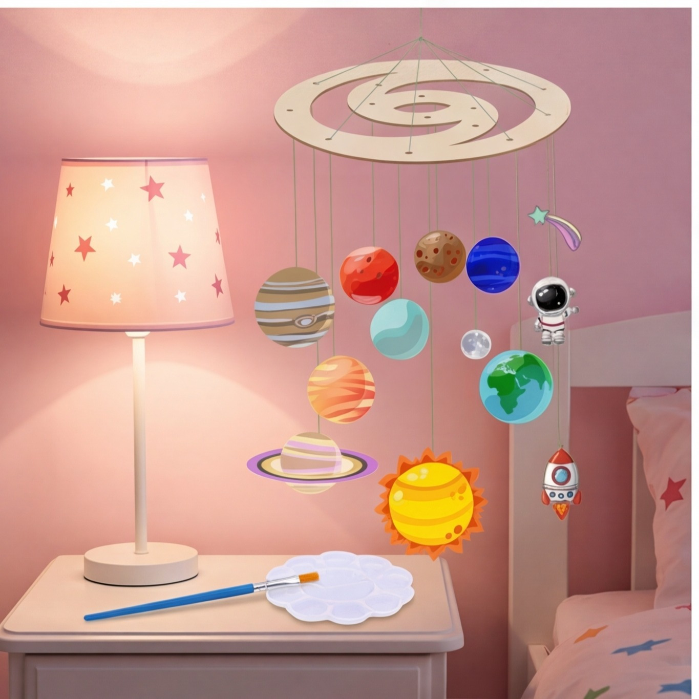 Solar System Craft Set With Wooden Pieces, Paintbrushes, And Mixing Palette—Creative Solar System Model For Kids, Educational DIY Set For Space Proj