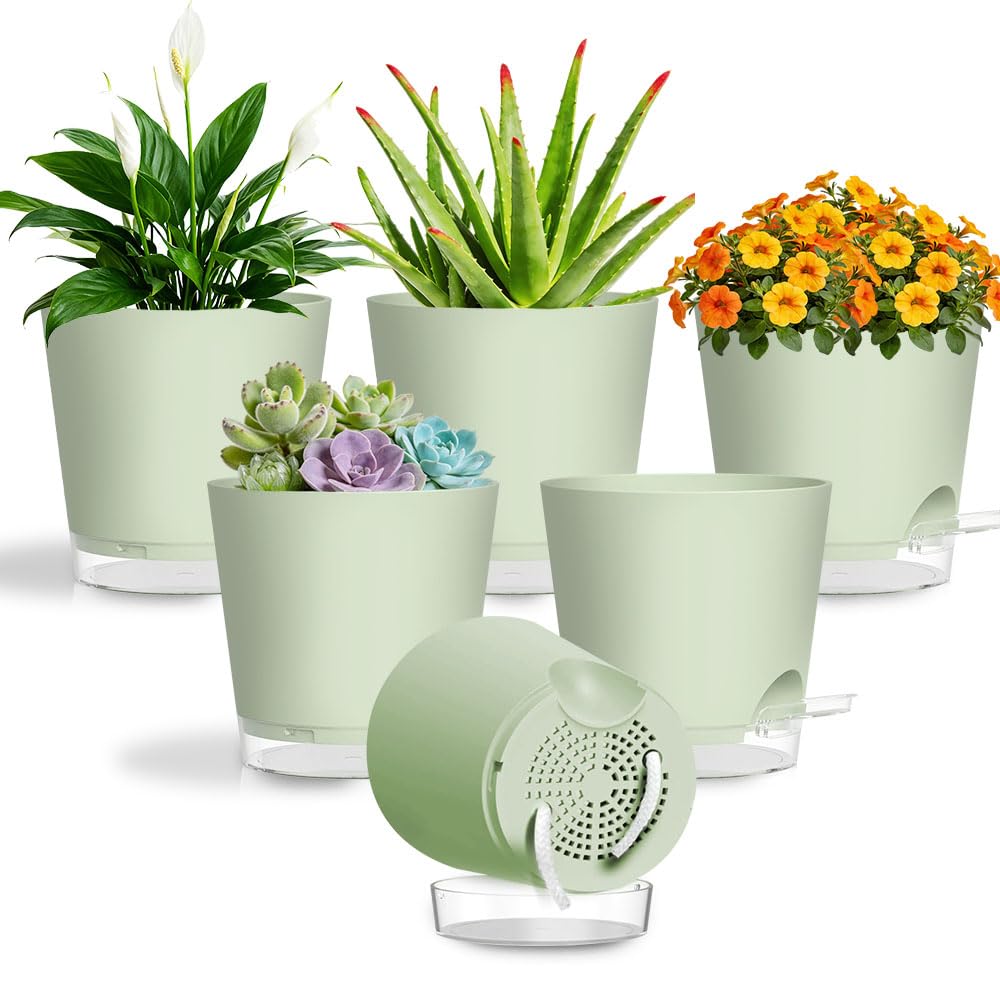 6 Green Flower Pots With Transparent Bottoms, 15 Cm In Diameter, With Transparent Bases And A Cotton Felt System, Suitable For Use Indoors, In The Garden, On The Balcony, In The Co