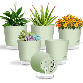 6 Green Flower Pots With Transparent Bottoms, 15 Cm In Diameter, With Transparent Bases And A Cotton Felt System, Suitable For Use Indoors, In The Garden, On The Balcony, In The Co