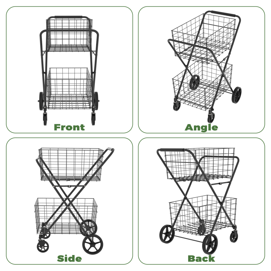Jumbo Shopping Cart,2 Layers Grocery Cart On Wheels, Foldable Utility Shopping Carts With Double Basket And 360 Rolling Swivel Wheels For Groceries Laundry