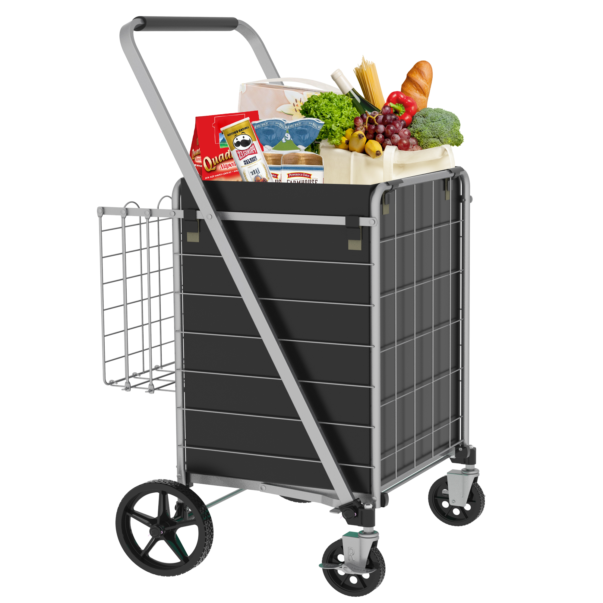Large Shopping Cart With Brake,Grocery Cart On Wheels, Foldable Utility Shopping Carts With Double Basket And 360 Rolling Swivel Wheels For Groceries Laundry, Grey