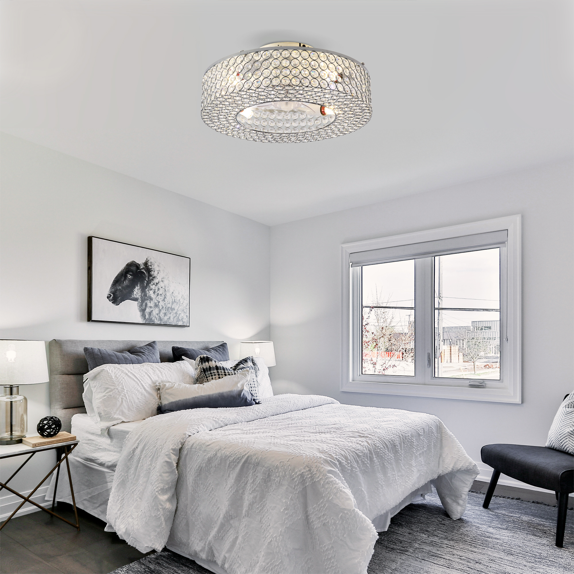 19.6 Crystal Ceiling Fans With Remote, Flush Mount Ceiling Fan With Light, Chandelier Fan 6 Speed DC Motor Reversible Ceiling Fan For Living Room Bedroom.--NOT INCLUDED BULB