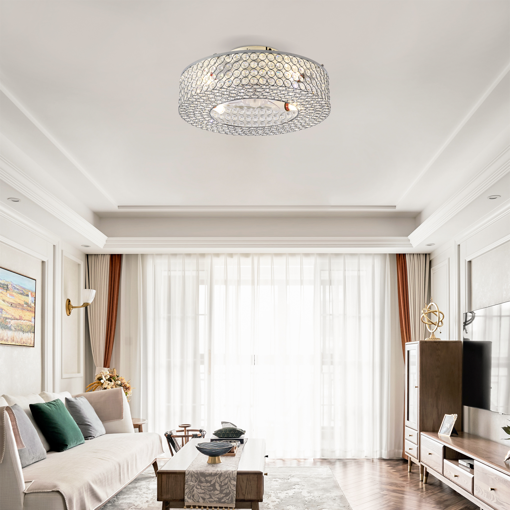 19.6   Crystal Ceiling Fans With  Remote,  Flush Mount Ceiling Fan With Light,  Chandelier Fan 6 Speed DC Motor Reversible Ceiling Fan For  Living Room Bedroom.--NOT INCLUDED BULB — foto 4