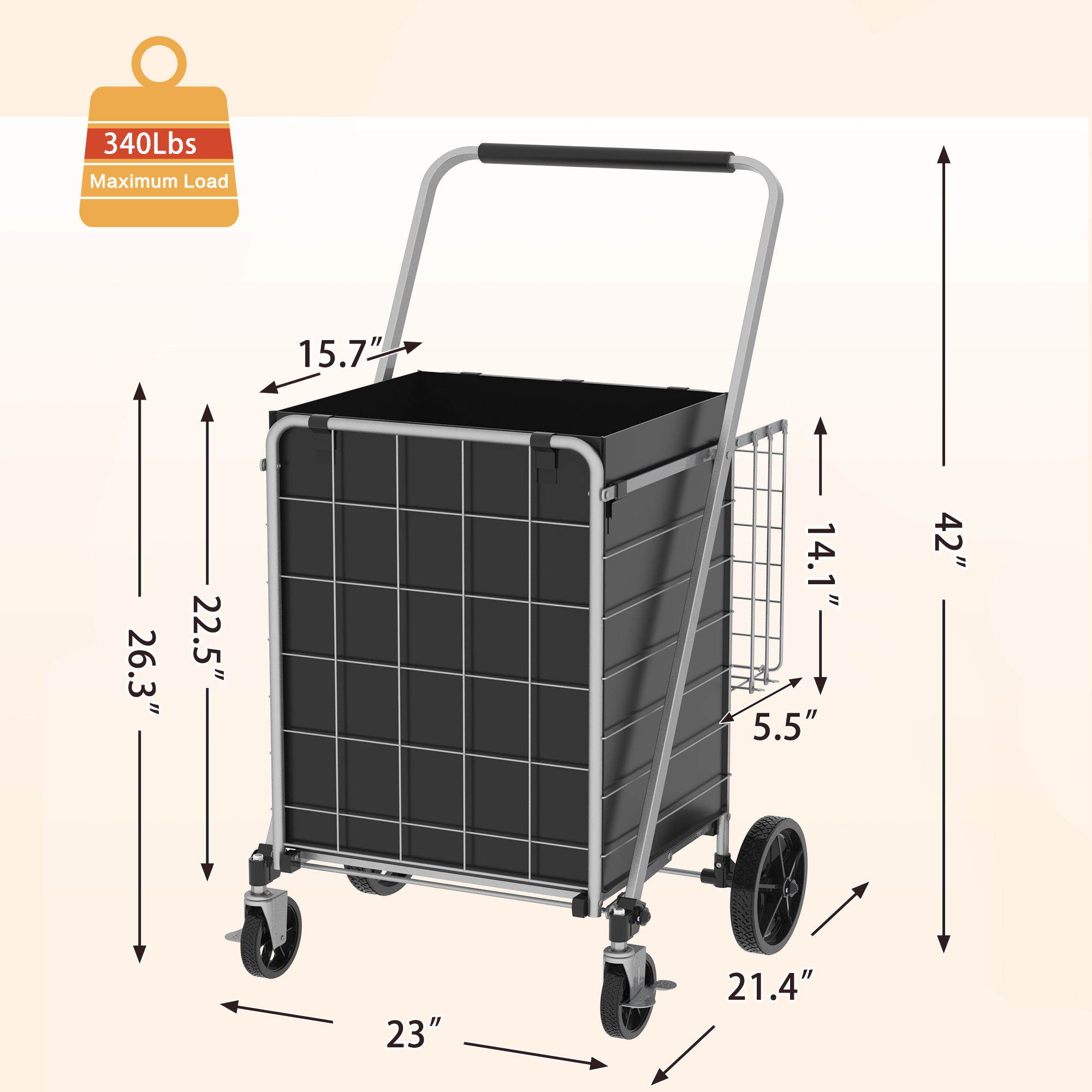 Large Shopping Cart With Brake,Grocery Cart On Wheels, Foldable Utility Shopping Carts With Double Basket And 360 Rolling Swivel Wheels For Groceries Laundry, Grey thumbnail 4