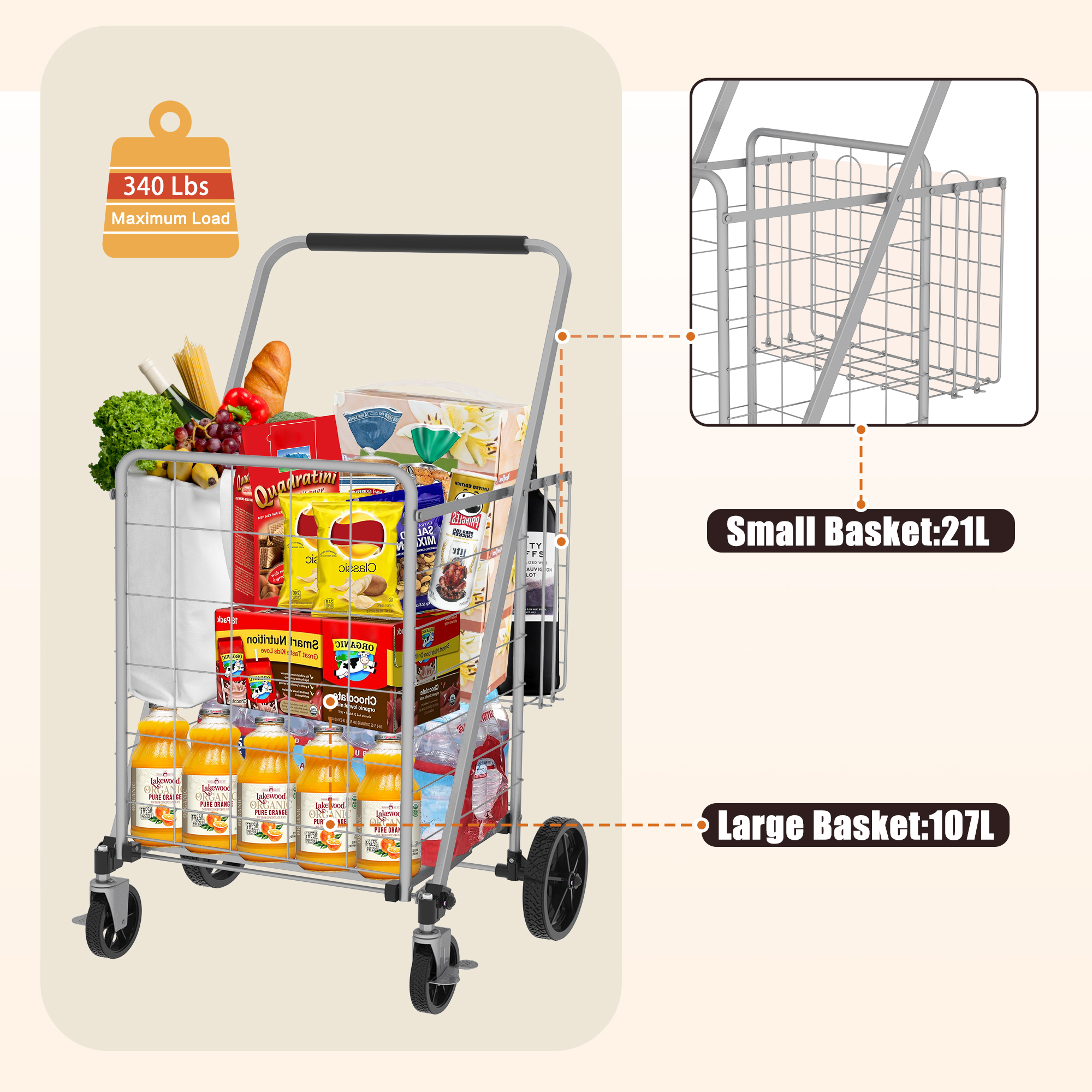 Large Shopping Cart With Brake,Grocery Cart On Wheels, Foldable Utility Shopping Carts With Double Basket And 360 Rolling Swivel Wheels For Groceries Laundry, Grey