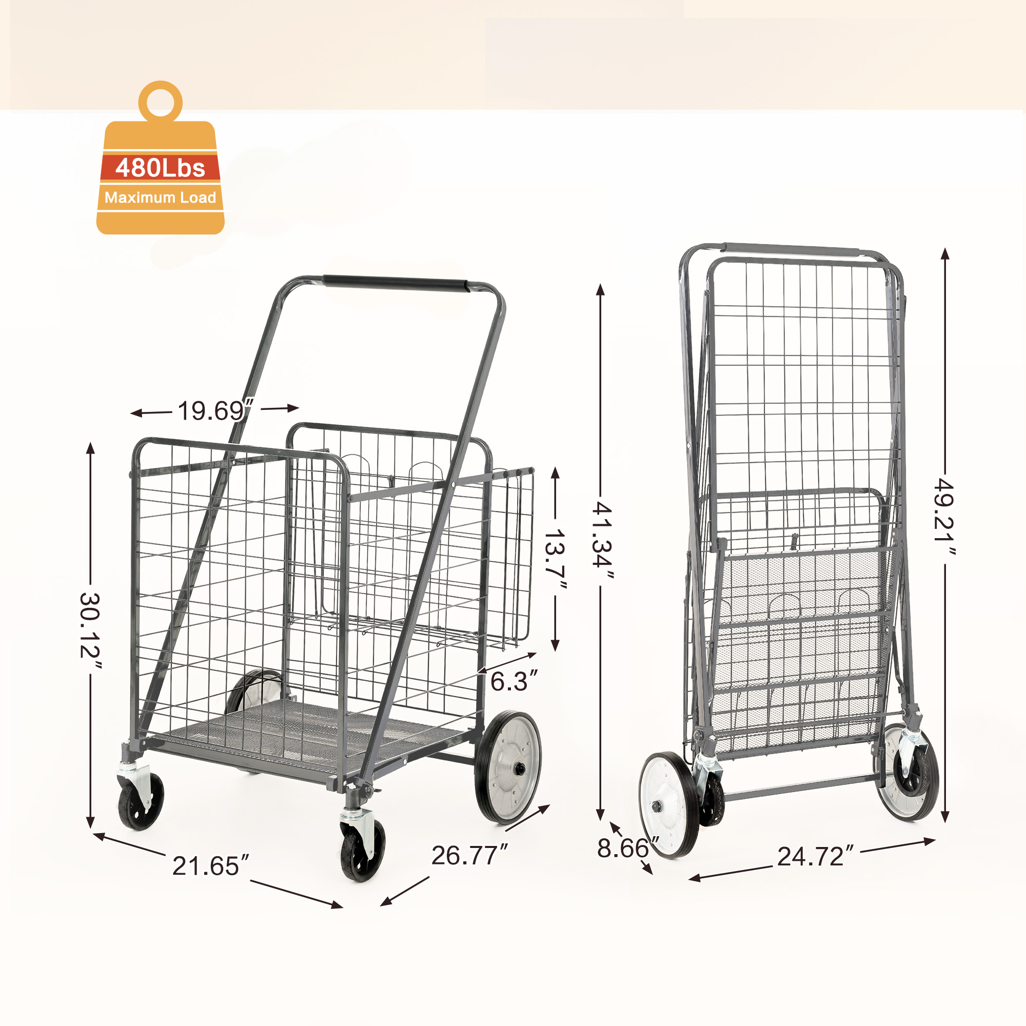 Bigger Super Jumbo Shopping Cart With Brake,Grocery Cart On Wheels, Foldable Utility Shopping Carts With Double Basket And 360 Rolling Swivel Wheels For Groceries Laundry,Grey