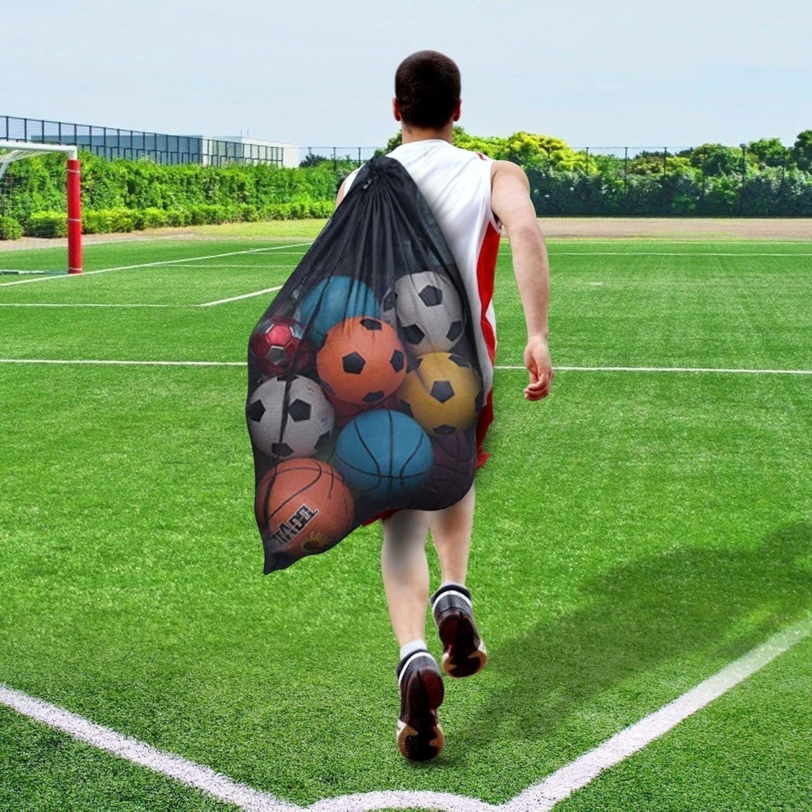 Black Multifunctional Net For Sports Balls, Large Storage Bag With Drawstring And Shoulder Strap, Ball Net 75 X 100 Cm
