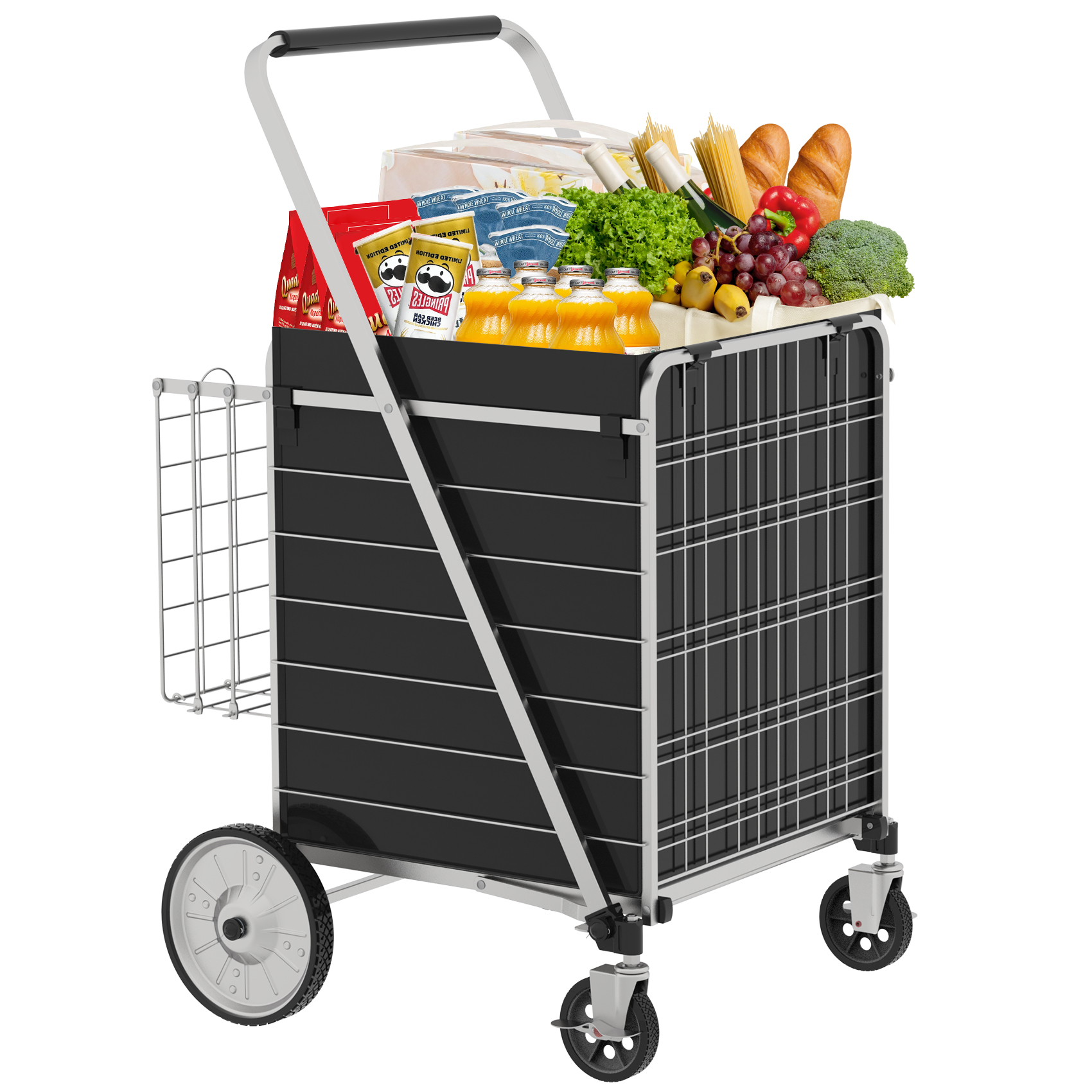 Bigger Super Jumbo Shopping Cart With Brake,Grocery Cart On Wheels, Foldable Utility Shopping Carts With Double Basket And 360 Rolling Swivel Wheels For Groceries Laundry,Grey