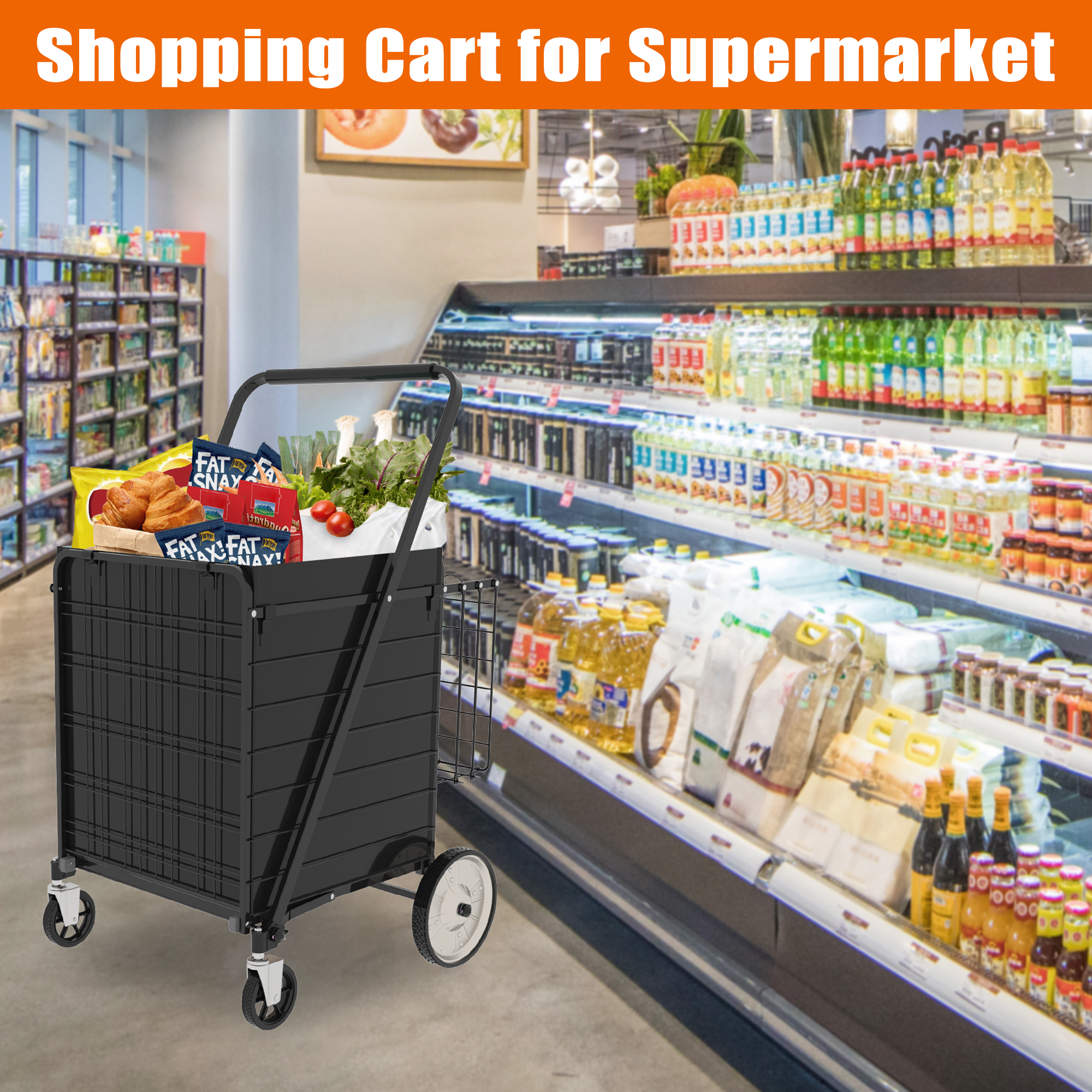 Bigger Super Jumbo Shopping Cart,Grocery Cart On Wheels, Foldable Utility Shopping Carts With Double Basket And 360  Rolling Swivel Wheels For Groceries Laundry thumbnail 2