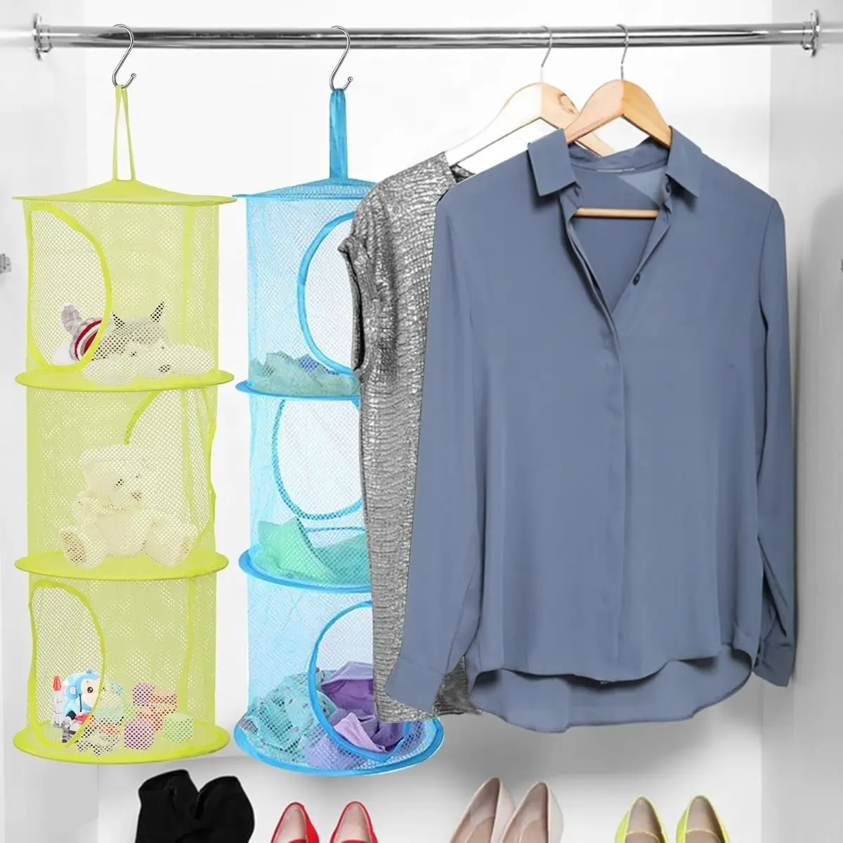 Hanging Storage Set, 3 Colorful Storage Baskets In Green, Blue, And Pink, Space-Saving Mesh Baskets For Toys And Small Items