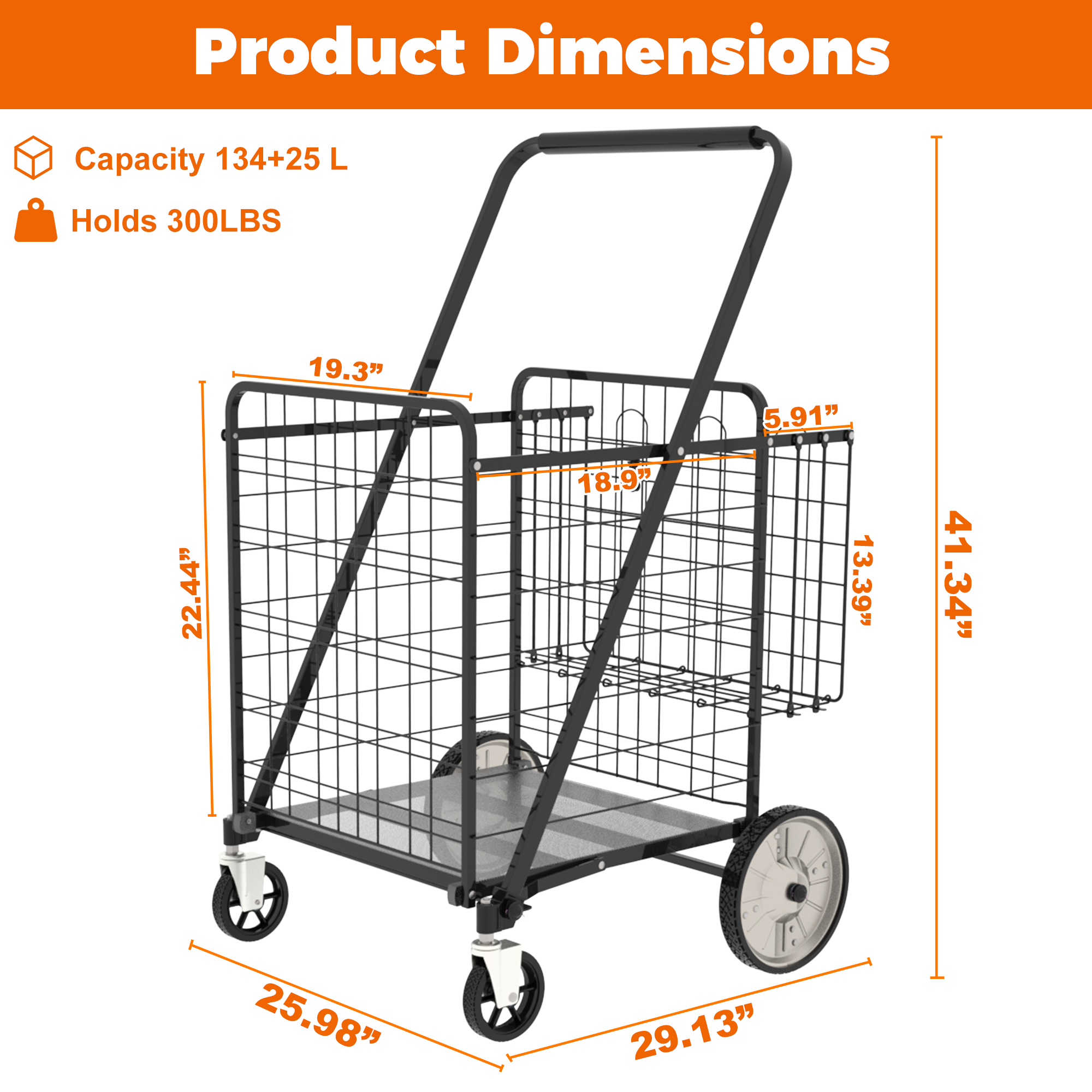 Bigger Super Jumbo Shopping Cart,Grocery Cart On Wheels, Foldable Utility Shopping Carts With Double Basket And 360  Rolling Swivel Wheels For Groceries Laundry thumbnail 4
