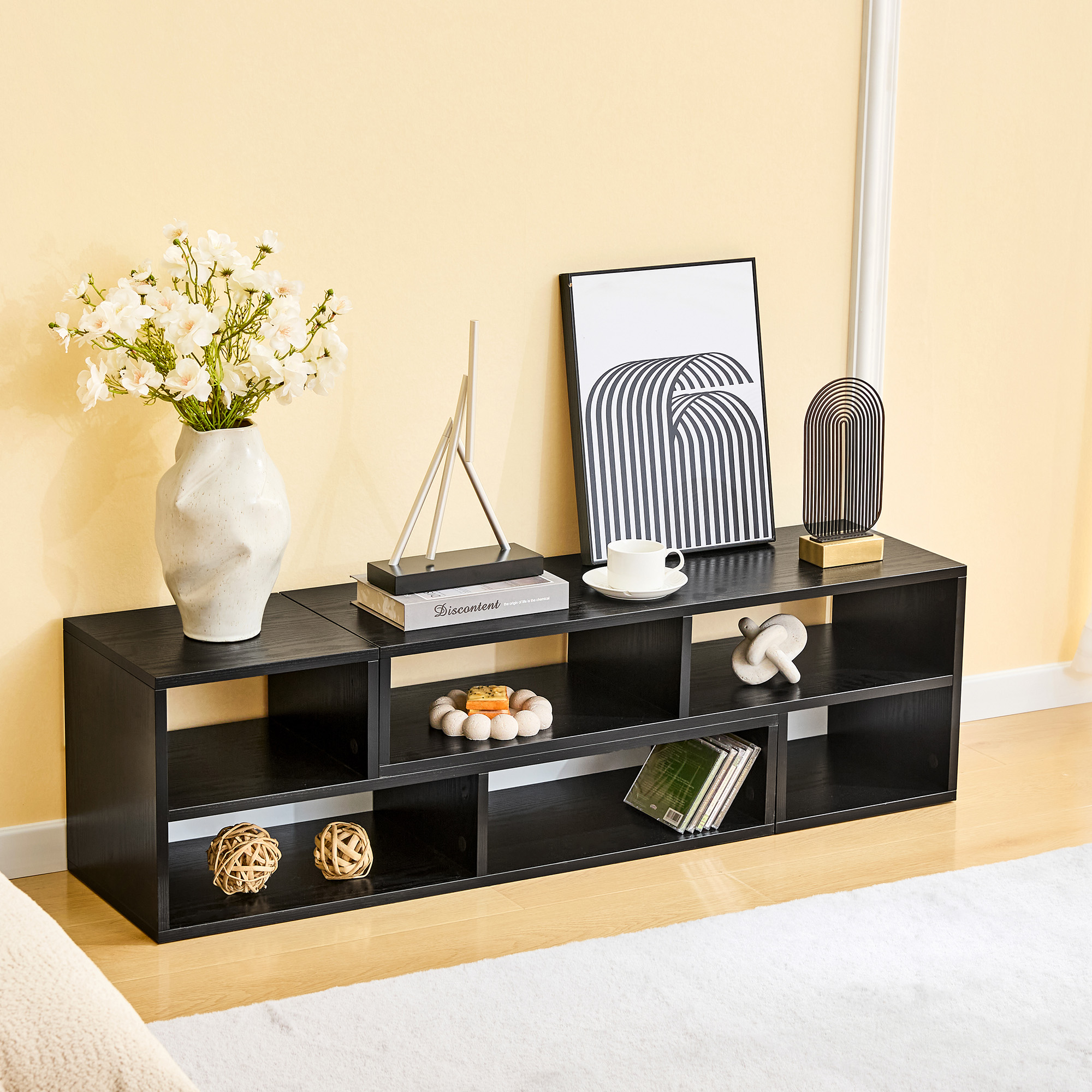 Adjustable Modular TV Stand, Black Open Storage Console Cabinet, Modern Entertainment Center With Multi Compartments, Freestyle Combination Media Shelf For Living Room Bedroom — foto 4