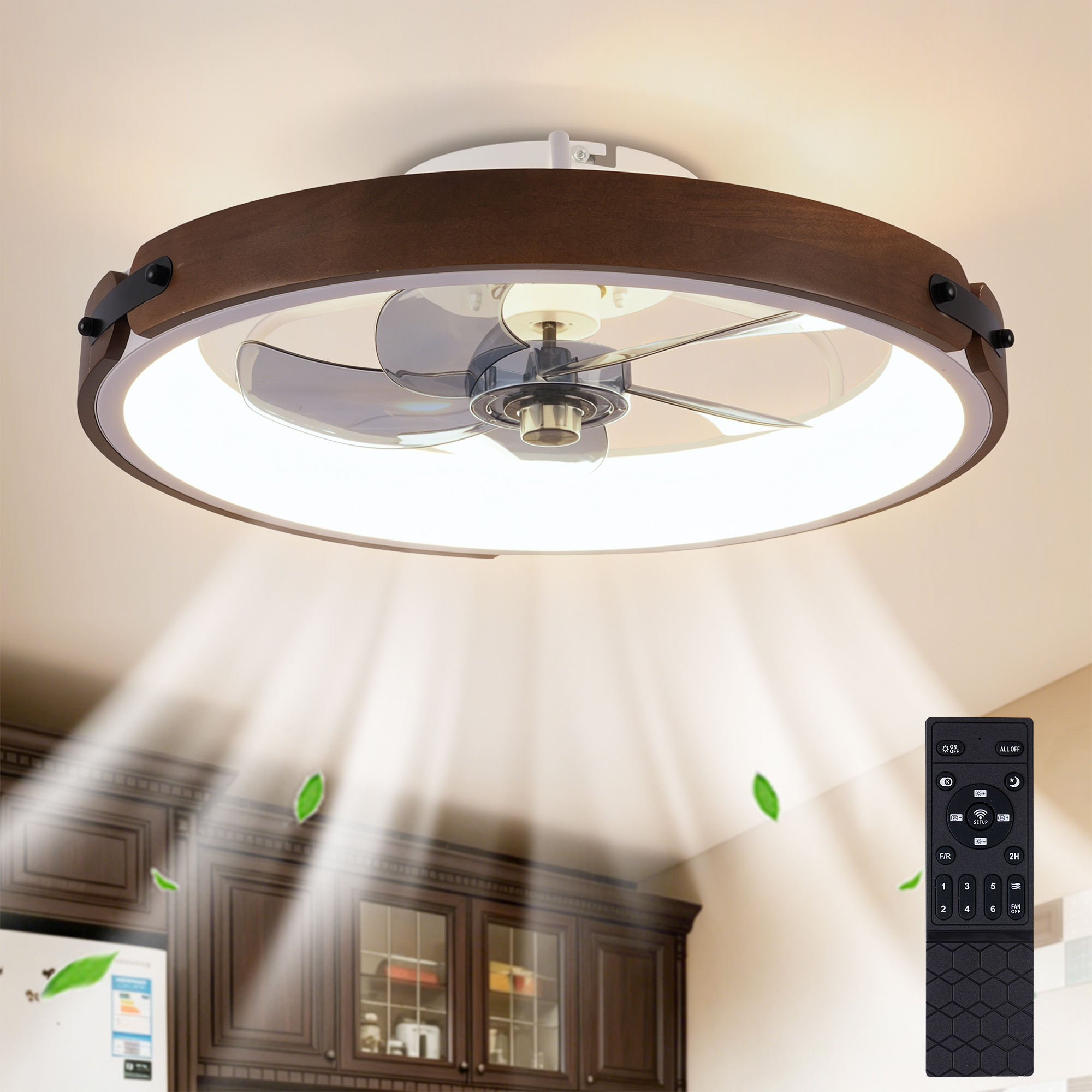 20  Ceiling Fans With Lights Kit  Led   And Remote Control, 3000-6500K Dimmable Modern Flush Mount LED Fan Light, 6 Speeds, Quiet DC Motor For Living Room, Bedroom,Kitchen----Walnut  Black — foto 2