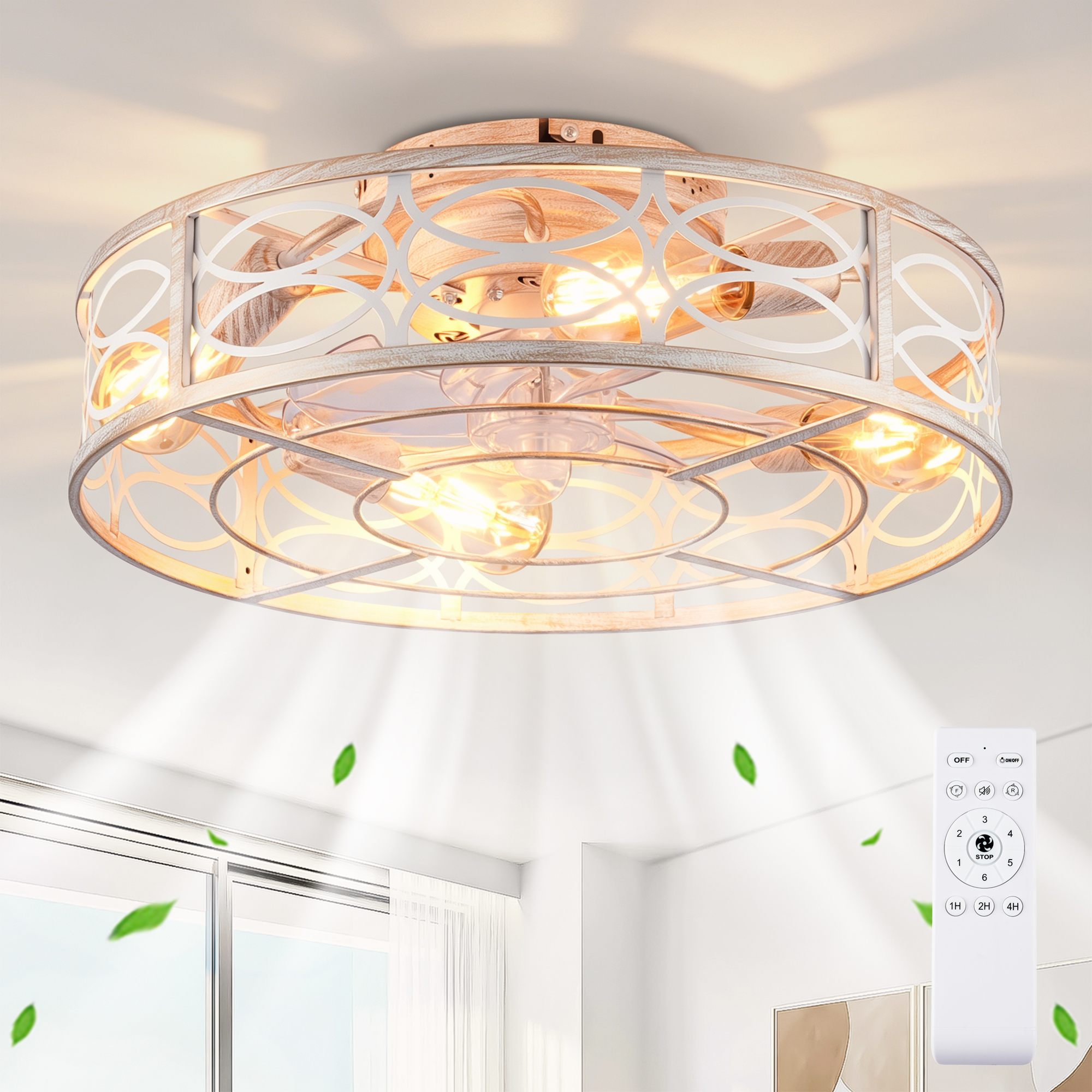 20  Caged Ceiling Fans With Lights And Remote, Bladeless Ceiling Fan 6 Speed Reversible With Remote Control,Flush Mount Caged Ceiling Fan For Bedroom, Living Room--NOT Included Bulbs — foto 5